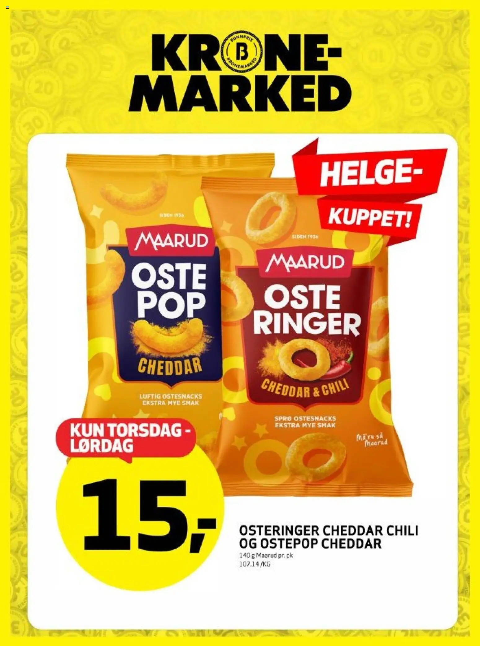 Forhåndsvis Bunnpris kundeavis krone marked fra butikk Bunnpris gyldig fra 15/10/2026 - Chili, Ostepop, Cheddar