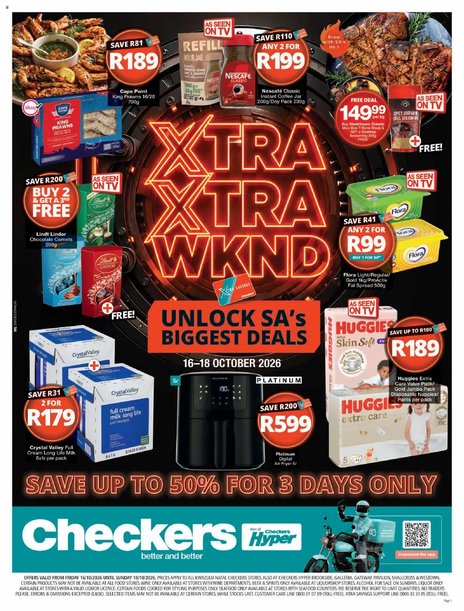 Preview of Checkers flyer valid from 15/10/2026 - Air fryer, TV, Chocolate, Alcohol, Wine, Seafood, Beer, Pants