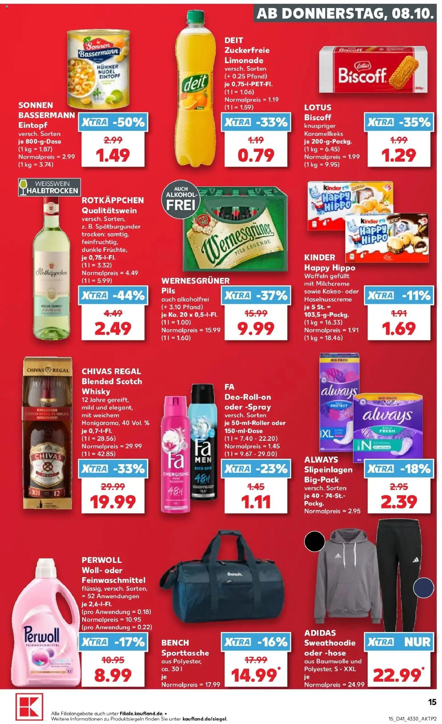 Vorschau von dem Prospekt des Geschäftes Kaufland, gültig ab dem 08.10.2026 - Whisky, Regal, Alkohol, Rotkäppchen, Weißwein, Perwoll, Pils, Wernesgruner