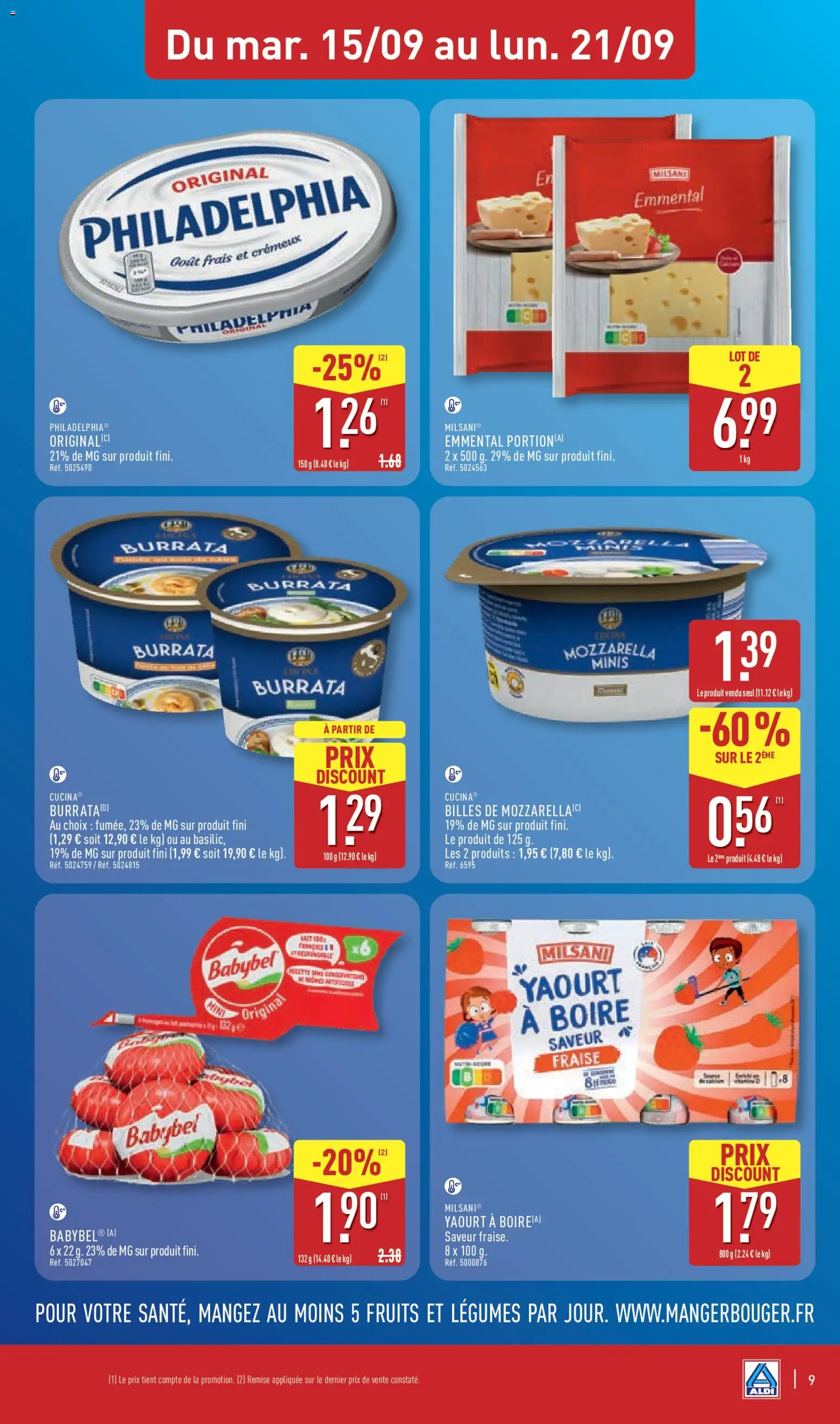 Prévisualisation de Aldi catalogue du magasin Aldi formulaire valide 15/09/2026 - Burrata, Fruits, Fraise, Mozzarella, Yaourt, Philadelphia, Emmental, Yaourt à boire