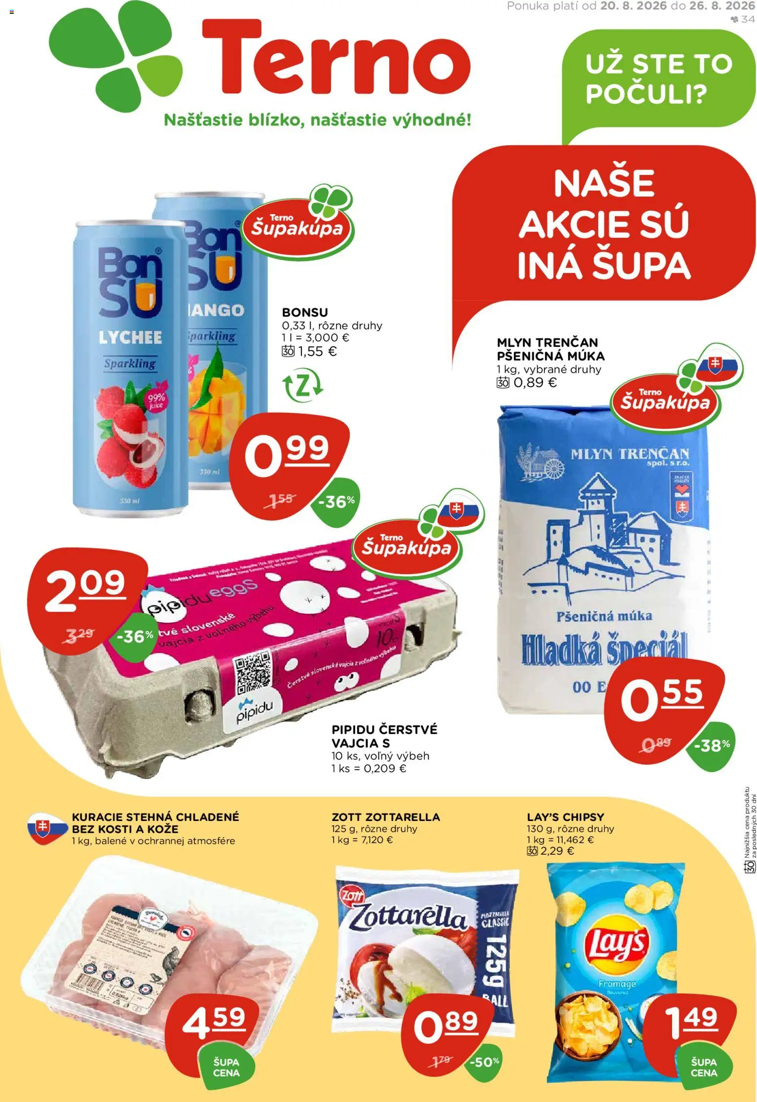 Náhľad Terno letáku platného od 20.08.2026 - Kuracie stehná, Mozzarella, Vajcia, Chipsy, Múka, Pšeničná múka, Stehná