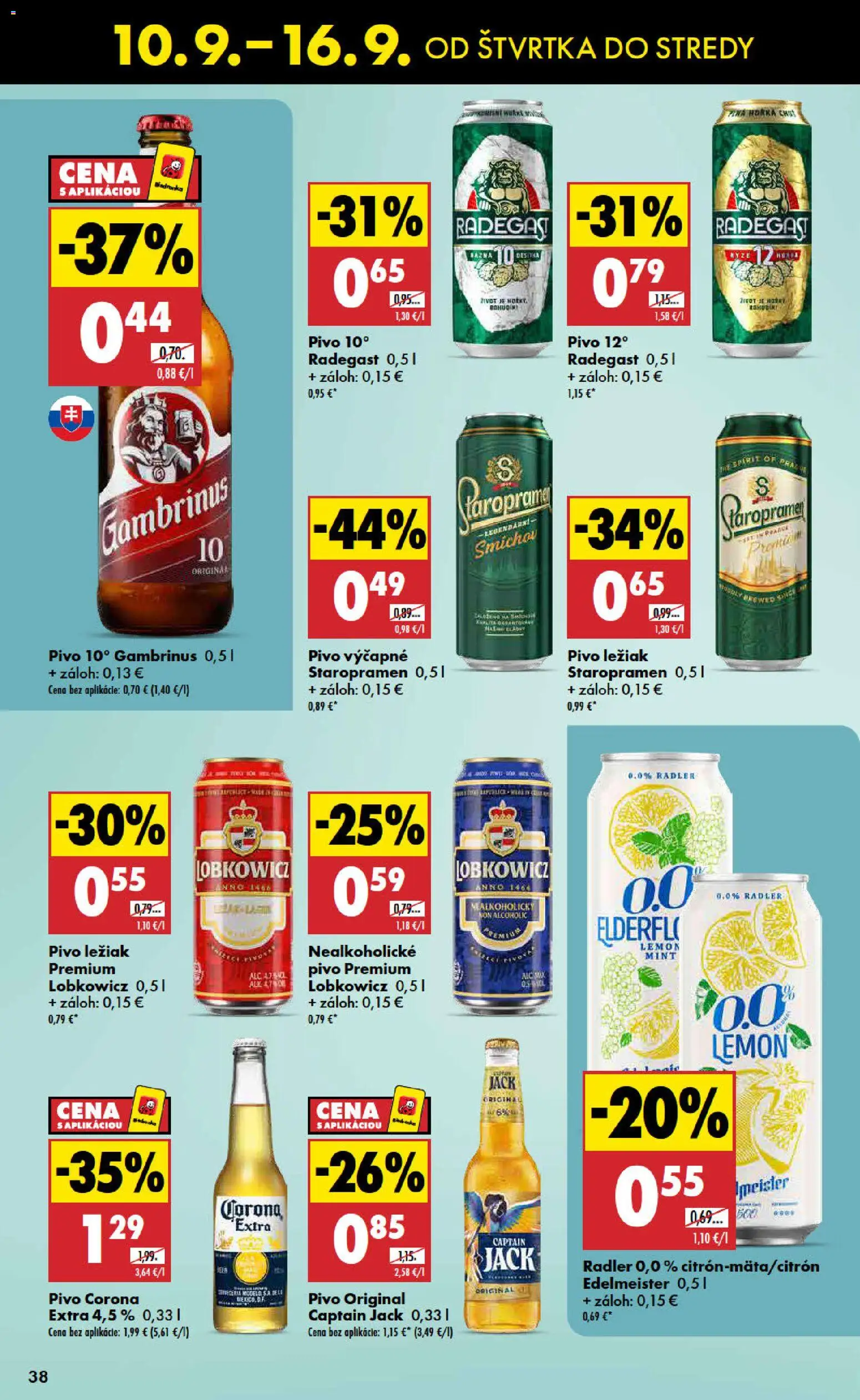 Náhľad Biedronka letáku platného od 10.09.2026 - Pivo, Radegast, Staropramen, Radler, Gambrinus, Corona pivo, Nealkoholické pivo, Pivo 12°