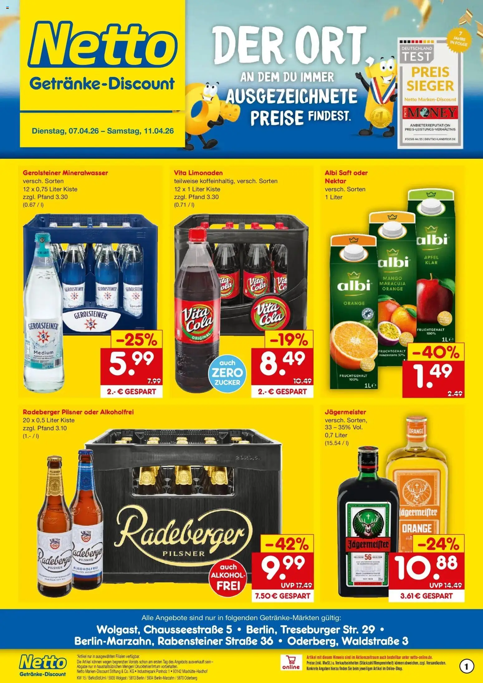 Vorschau von dem Prospekt des Geschäftes Netto Marken-Discount, gültig ab dem 07.04.2026 - Cola, Jägermeister, Mineralwasser, Alkohol, Gerolsteiner, Zucker, Saft, Radeberger pilsner
