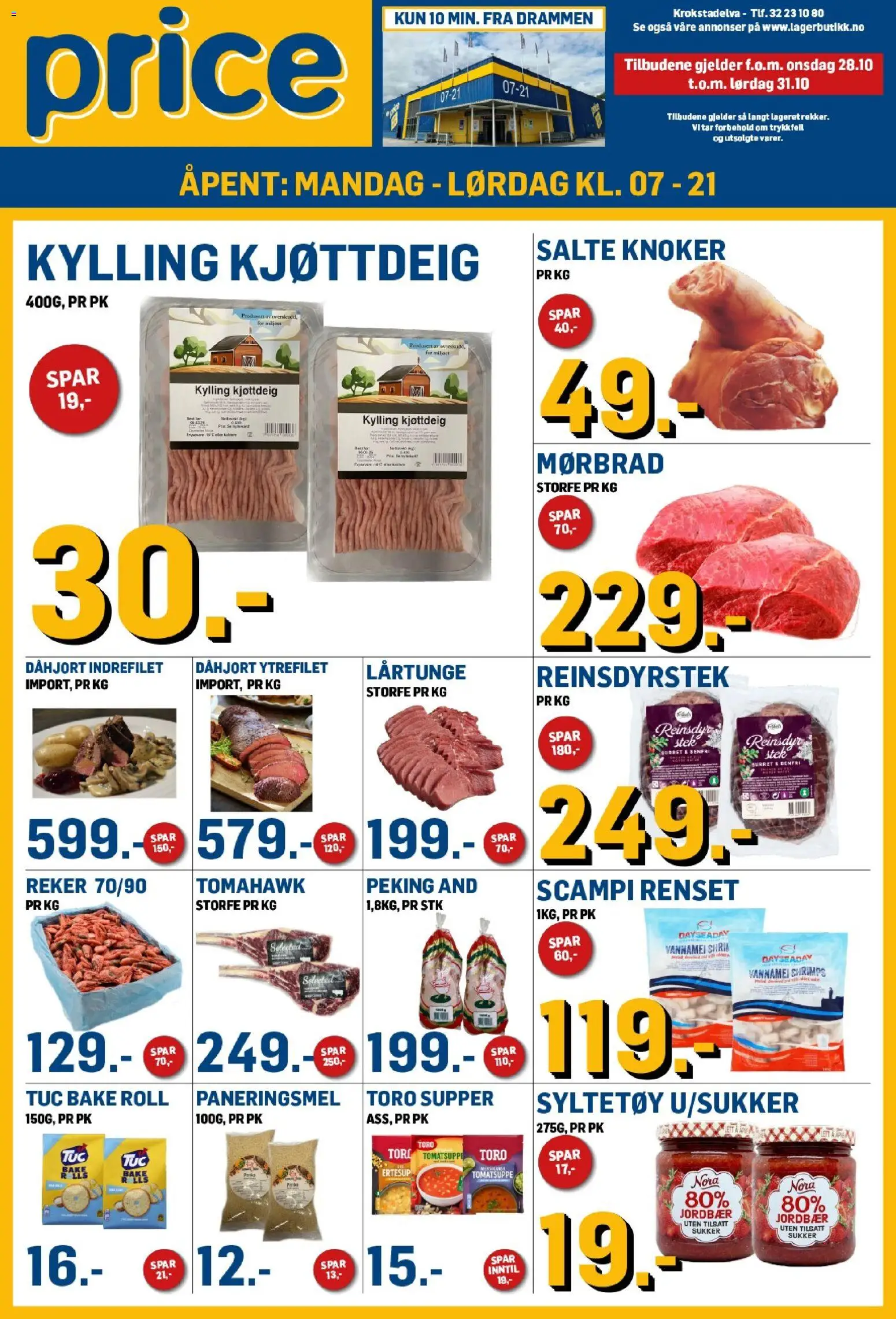 Forhåndsvis Price Lagerbutikk kundeavis fra butikk Price Lagerbutikk gyldig fra 28/10/2026 - Ytrefilet, Kylling, Jordbær, Sukker, Indrefilet, Reker, Scampi, Tomahawk