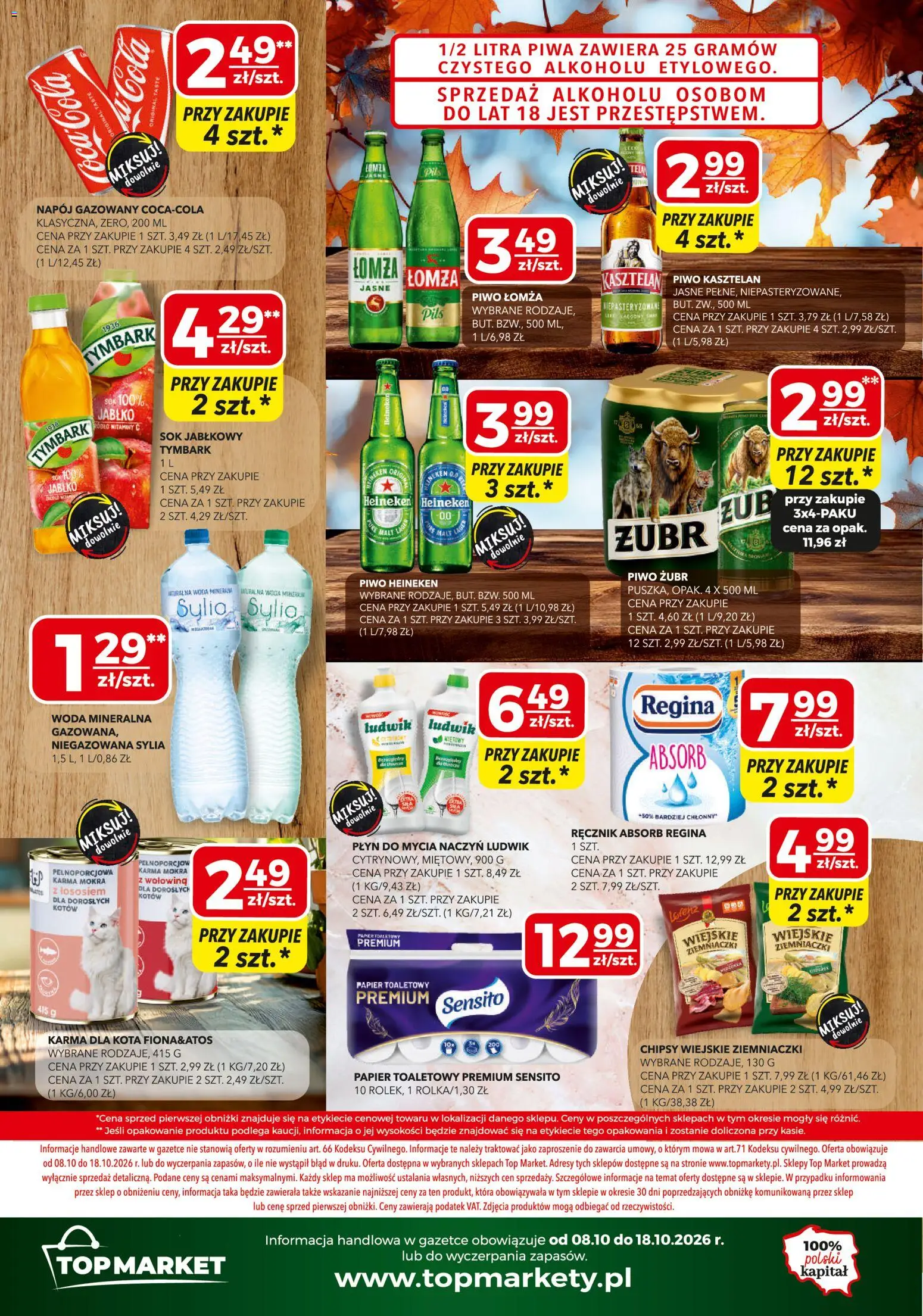 Pogląd gazetki "Top Market gazetka mini" ze sklepu Top Market ważnej od 08.10.2026 - Woda, Tymbark, Chipsy, Karma, Heineken, Woda mineralna, Płyn do mycia naczyń, Piwo żubr