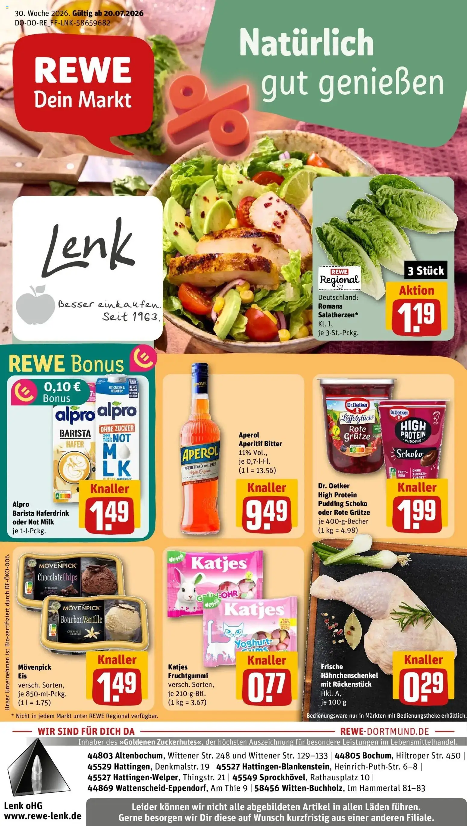 Vorschau von dem Prospekt des Geschäftes Rewe, gültig ab dem 20.07.2026 - Aperol, Katjes, Zucker, Hahnchenschenkel, Pudding, Alpro, High protein pudding, Haferdrink