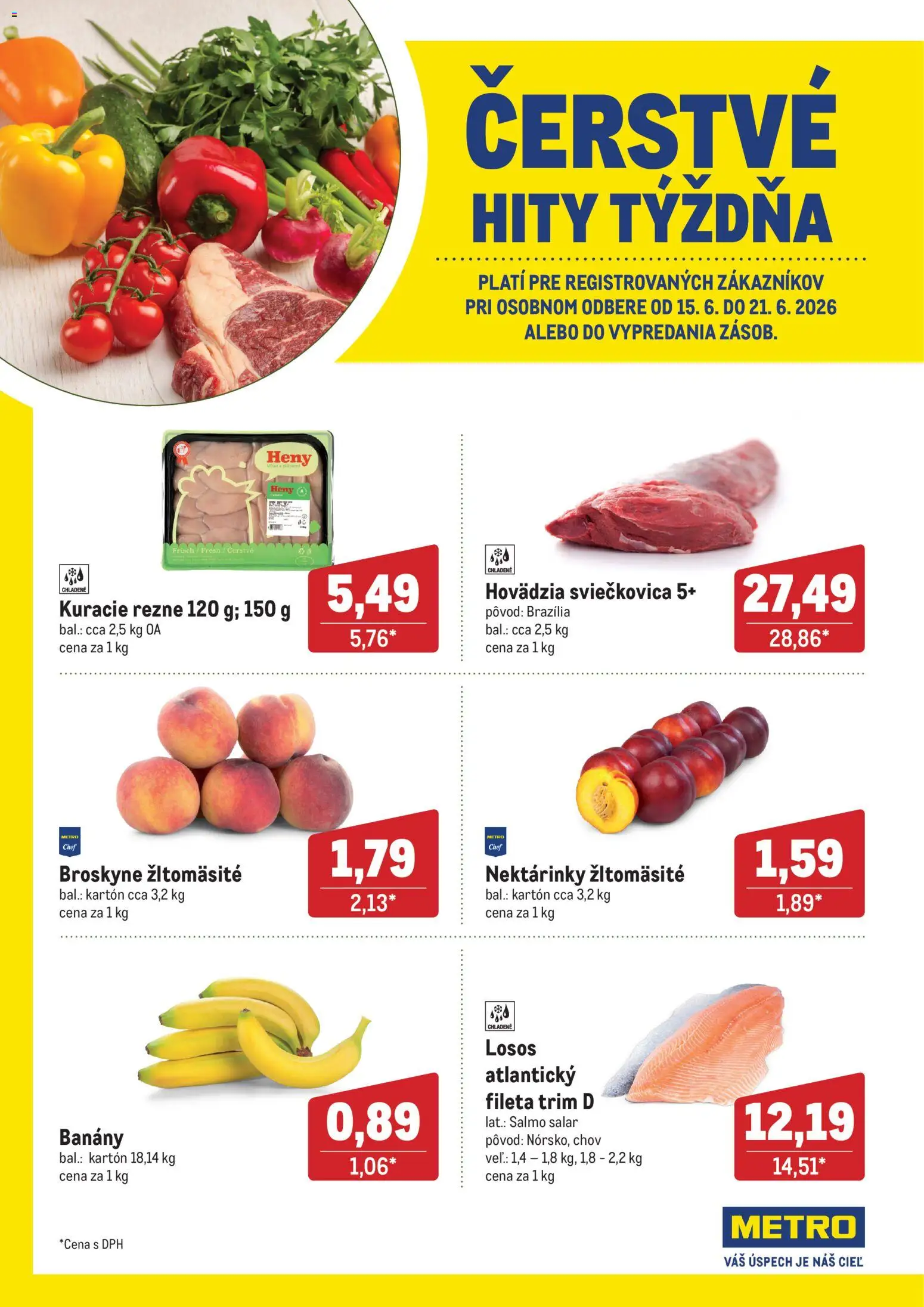Náhľad Metro letáku platného od 15.06.2026 - Losos, Kuracie rezne, Rezne, Broskyne, Banány, Nektárinky
