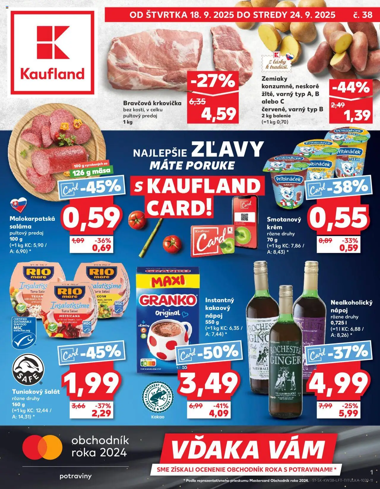 Náhľad Kaufland letáku platného od 18.09.2025 - Šalát, Krkovička, Zemiaky, Kakao, Granko, Bravčová krkovička, Saláma, Krém