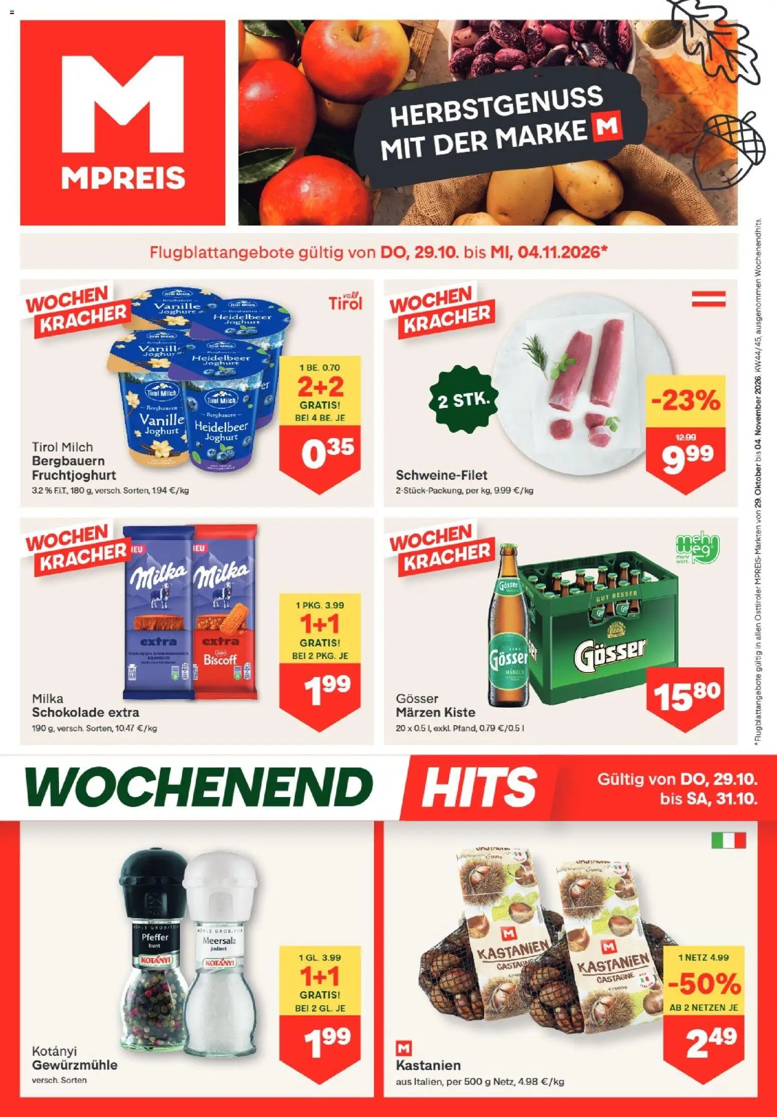 Vorschau der Angebote: MPREIS MPREIS gültig ab 29.10.2026 - Schokolade, Milch, Joghurt, Mühle, Pfeffer, Vanille