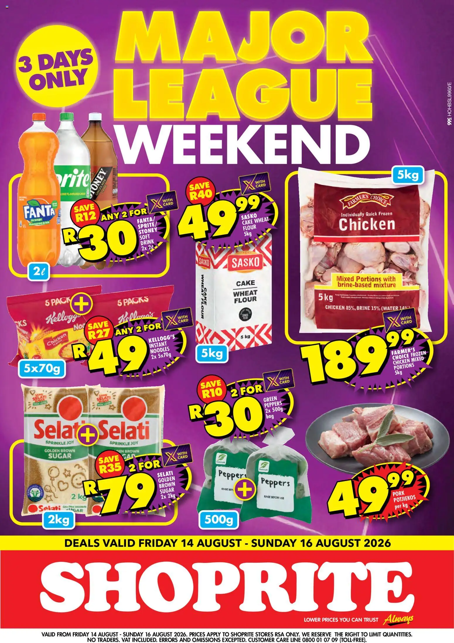 Preview of Shoprite flyer valid from 14/08/2026 - Water, Cake, Chicken, Noodles, Sugar, Flour, Pork, Stoney