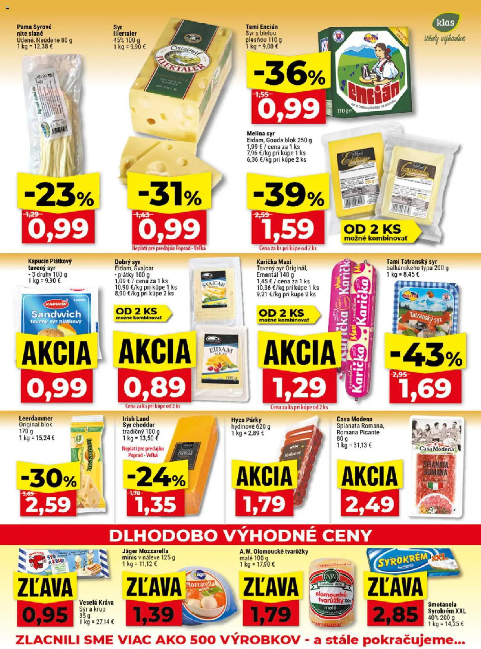 Náhľad Klas letáku platného od 07.09.2026 - Syr, Mozzarella, Cheddar, Párky, Gouda, Eidam, Encián, Tavený syr
