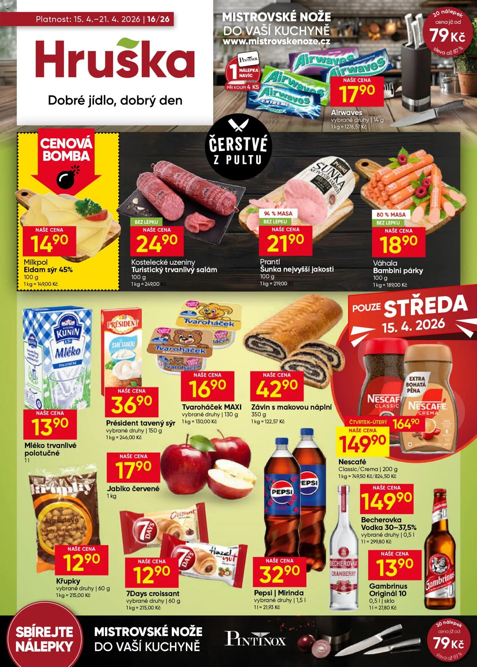 Náhled nabídky: Hruška Hruška leták platný od 15.04.2026 - Sýr, Croissant, Šunka, Pepsi, Salám, Párky, Uzeniny, Křupky