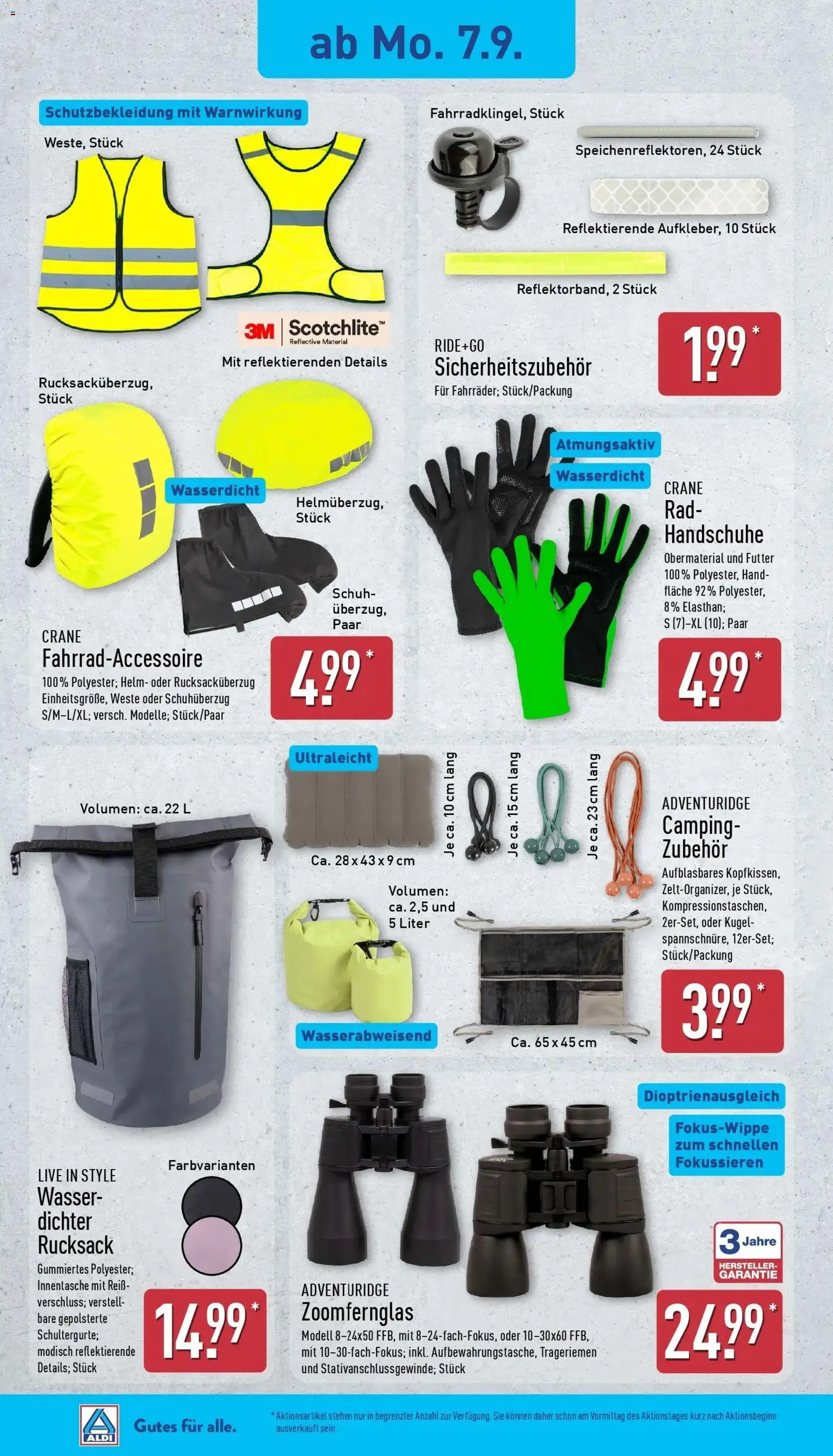 Vorschau von dem Prospekt des Geschäftes Aldi, gültig ab dem 07.09.2026 - Wasser, Rucksack, Weste, Handschuhe
