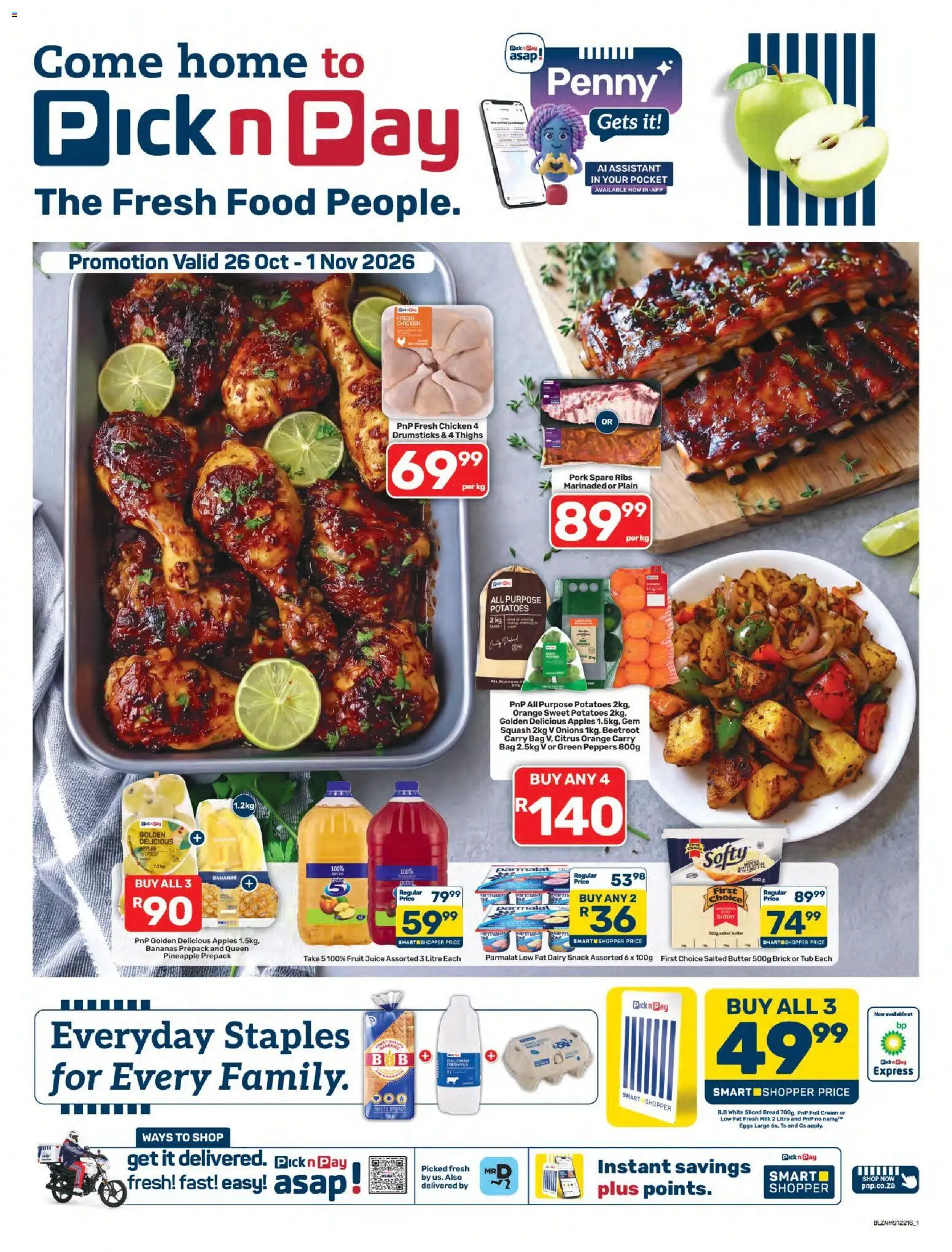 Preview of Pick n Pay flyer valid from 26/10/2026 - Bag, Eggs, Fruit, Butter, Bread, Bananas, Potatoes, Cream