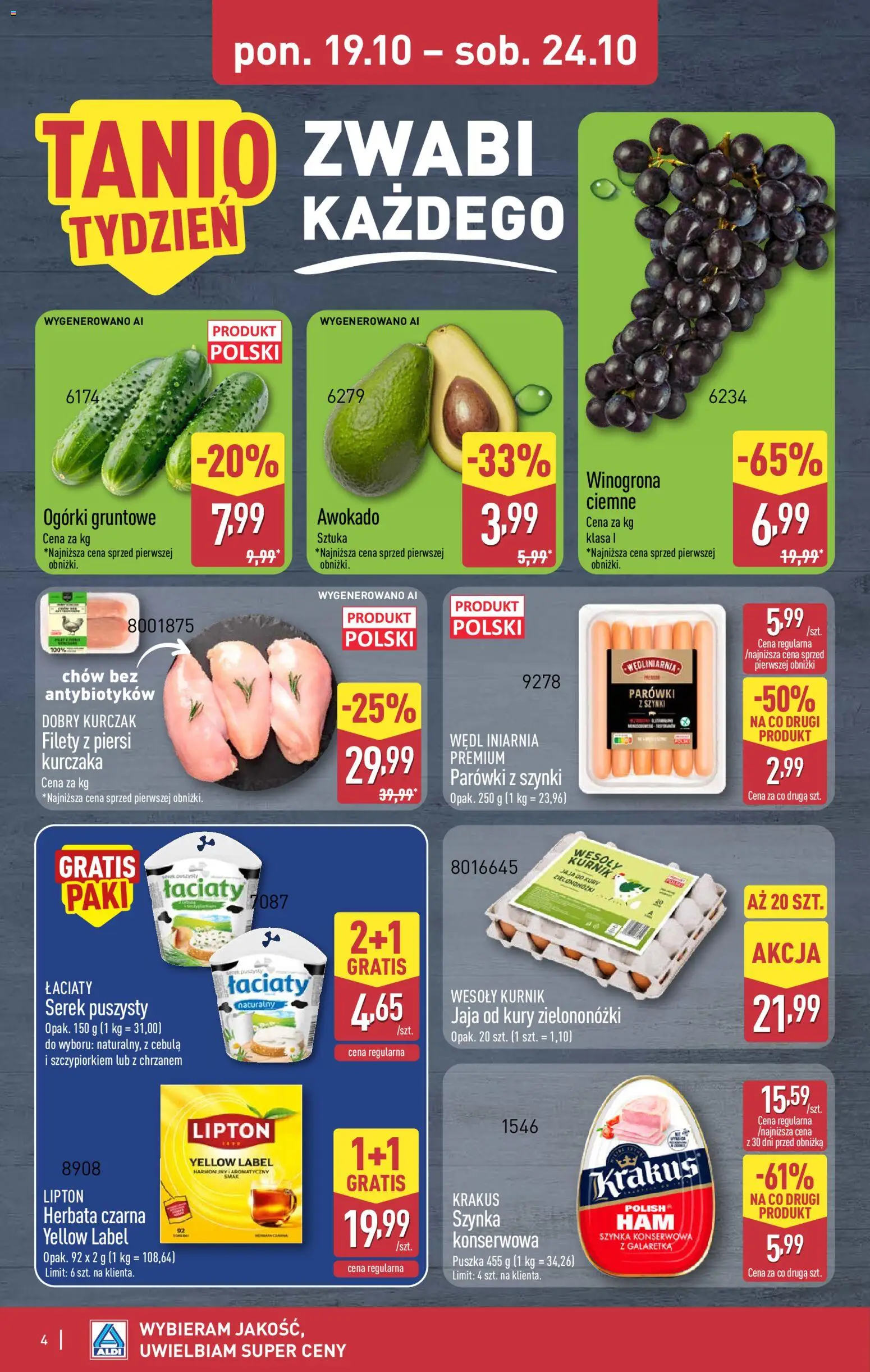 Pogląd gazetki "Aldi gazetka - Oferta weekendowa" ze sklepu Aldi ważnej od 22.10.2026 - Kurczak, Piersi, Cebula, Winogrona, Jaja, Szynka konserwowa, Serek, Herbata czarna