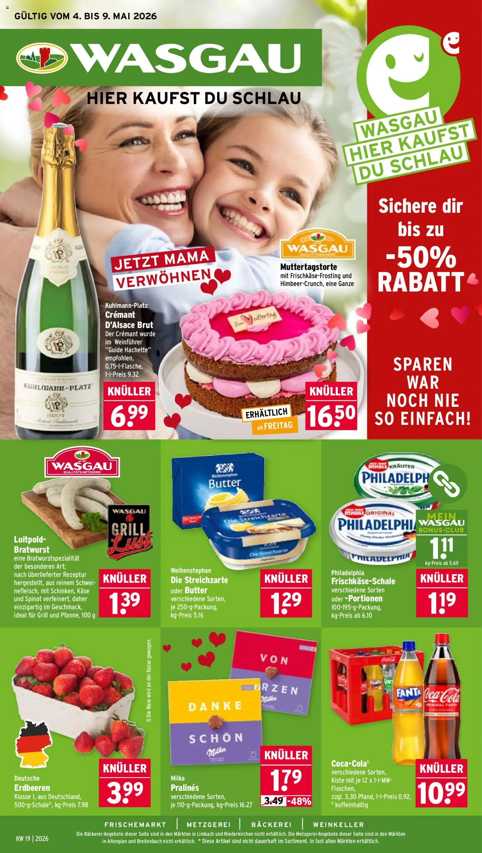 Vorschau von dem Prospekt des Geschäftes Wasgau, gültig ab dem 04.05.2026 - Butter, Käse, Coca cola, Grill, Philadelphia, Bratwurst, Milka, Fanta