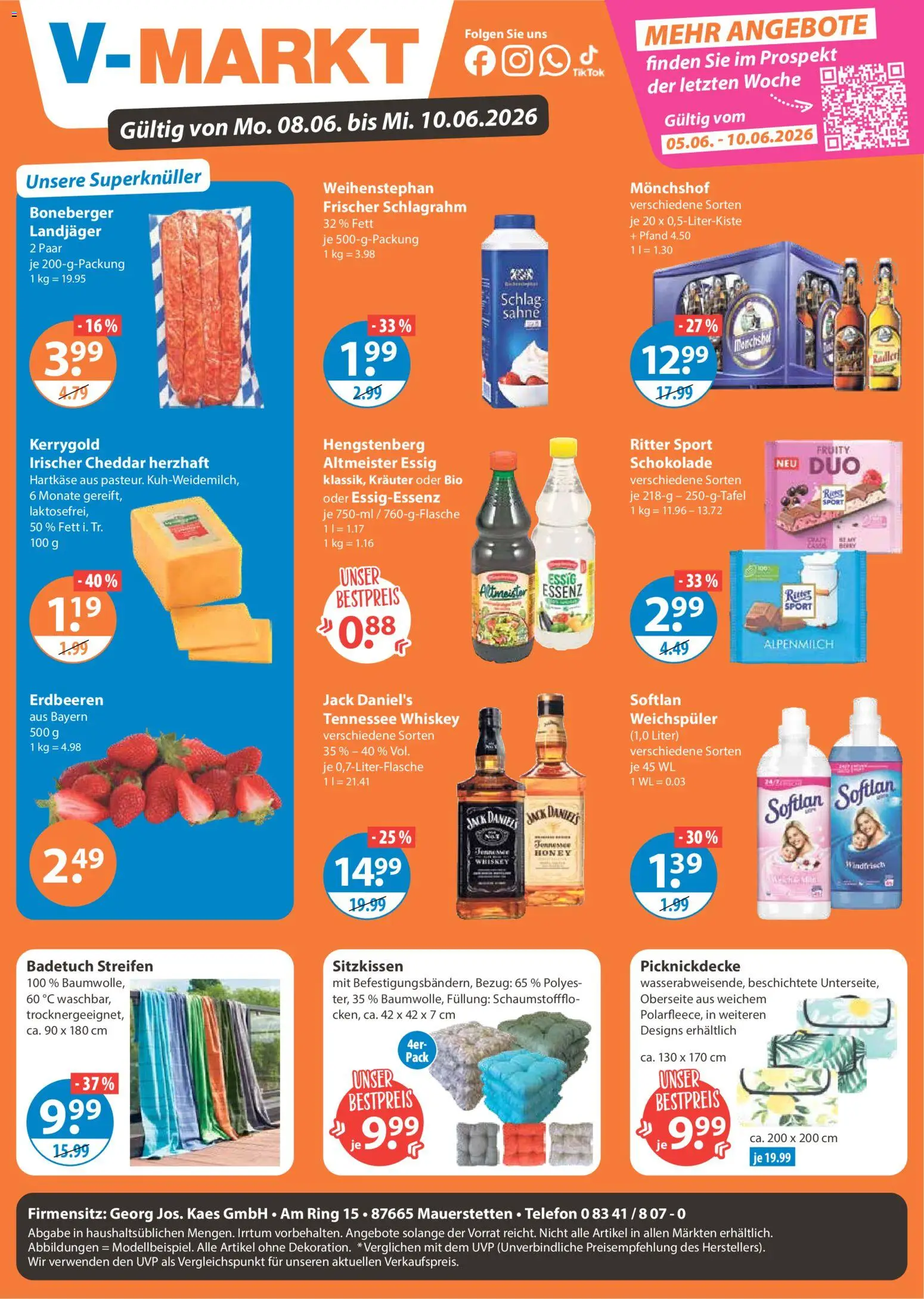 Vorschau von dem Prospekt des Geschäftes V-Markt, gültig ab dem 08.06.2026 - Telefon, Erdbeeren, Ritter sport, Whiskey, Sahne, Essig, Weichspüler, Jack Daniel's