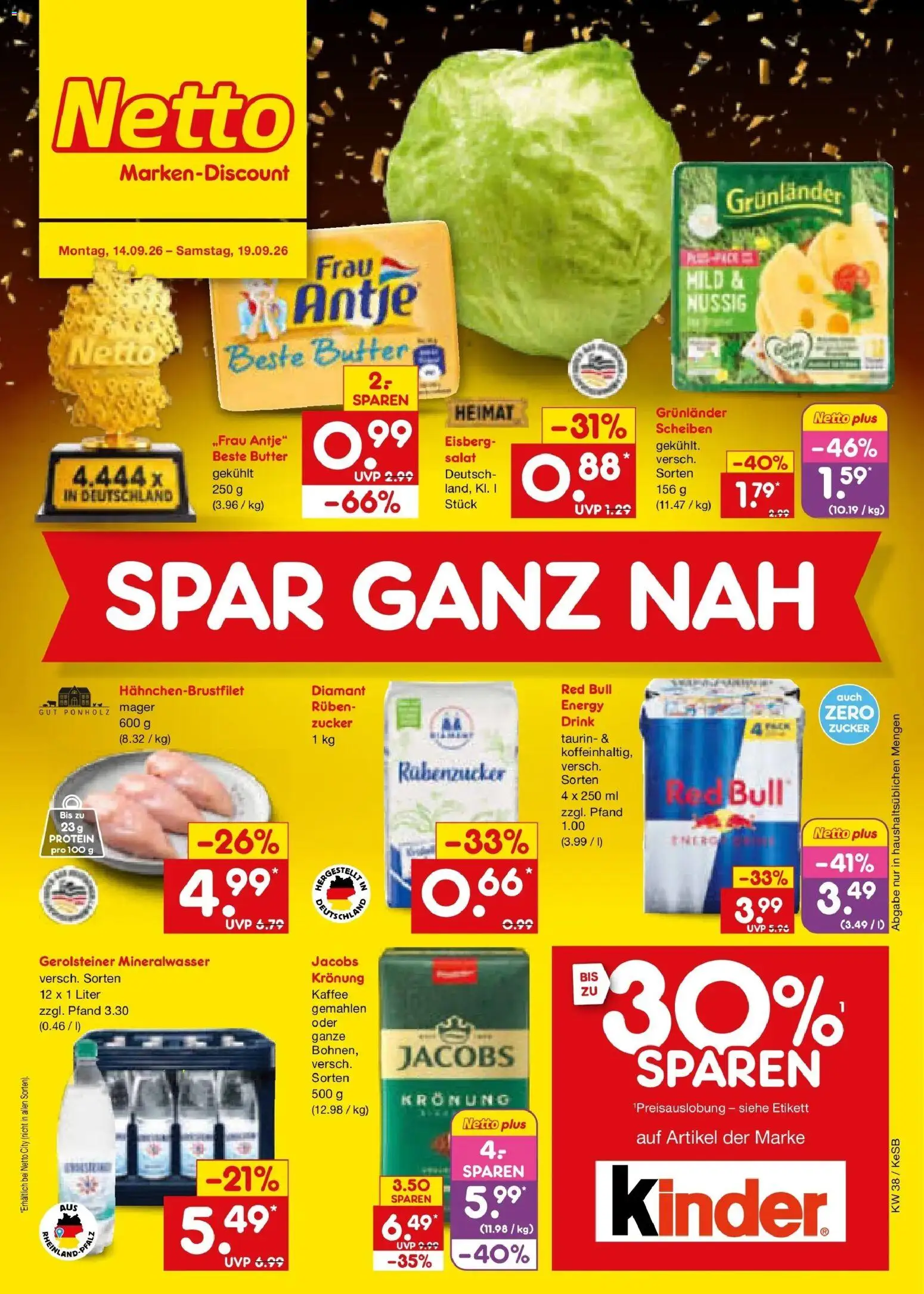 Vorschau von dem Prospekt des Geschäftes Netto Marken-Discount, gültig ab dem 14.09.2026 - Kaffee, Butter, Red bull, Mineralwasser, Gerolsteiner, Zucker, Energy, Grunlander