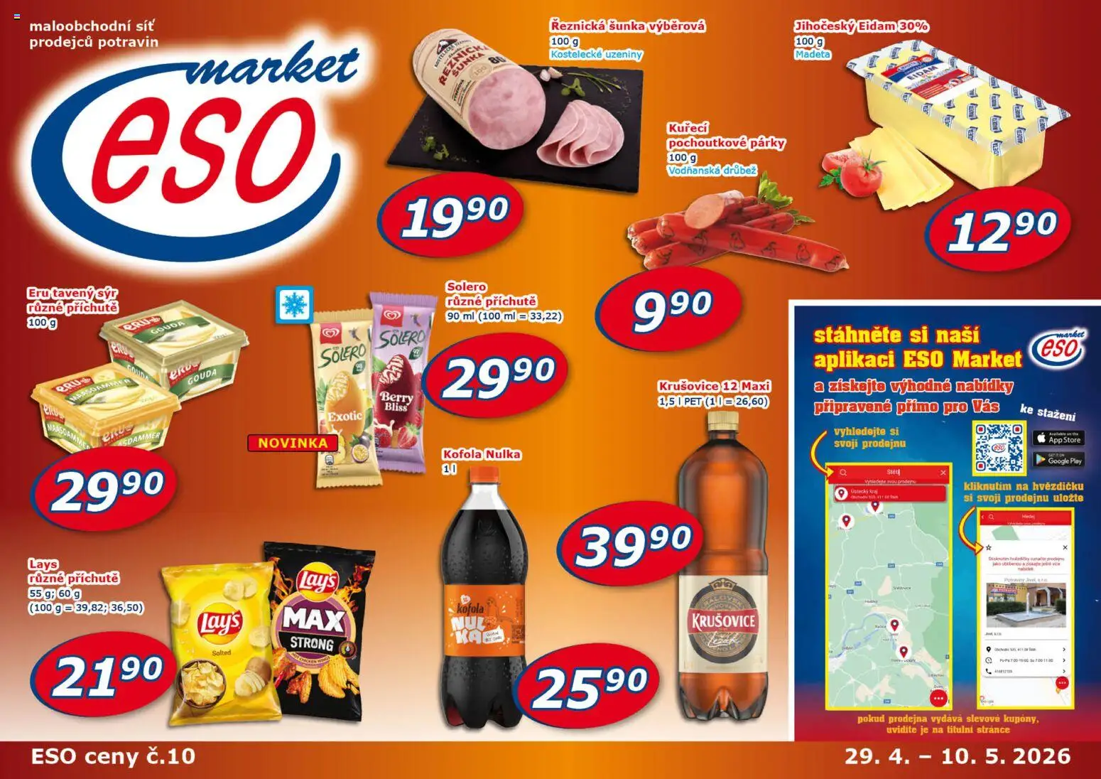 Náhled nabídky: Eso market Eso market leták platný od 29.04.2026 - Kofola, Krušovice, Lay's, Párky, Gouda, Eidam, Uzeniny, Krušovice 12