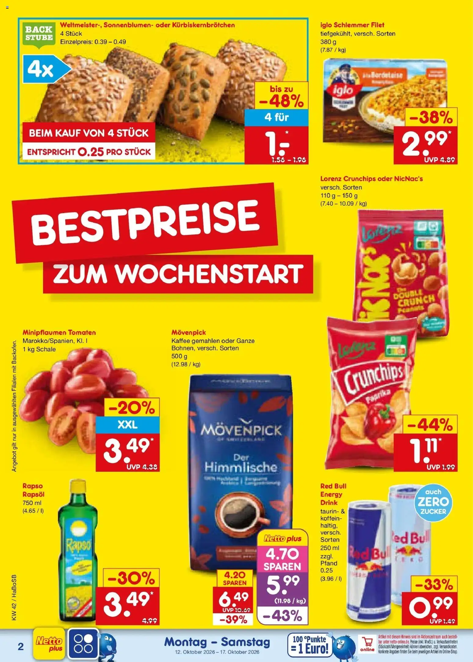 Vorschau von dem Prospekt des Geschäftes Netto Marken-Discount, gültig ab dem 12.10.2026 - Kaffee, Red bull, Paprika, Zucker, Rapsöl, Tomaten, Iglo, Lorenz crunchips
