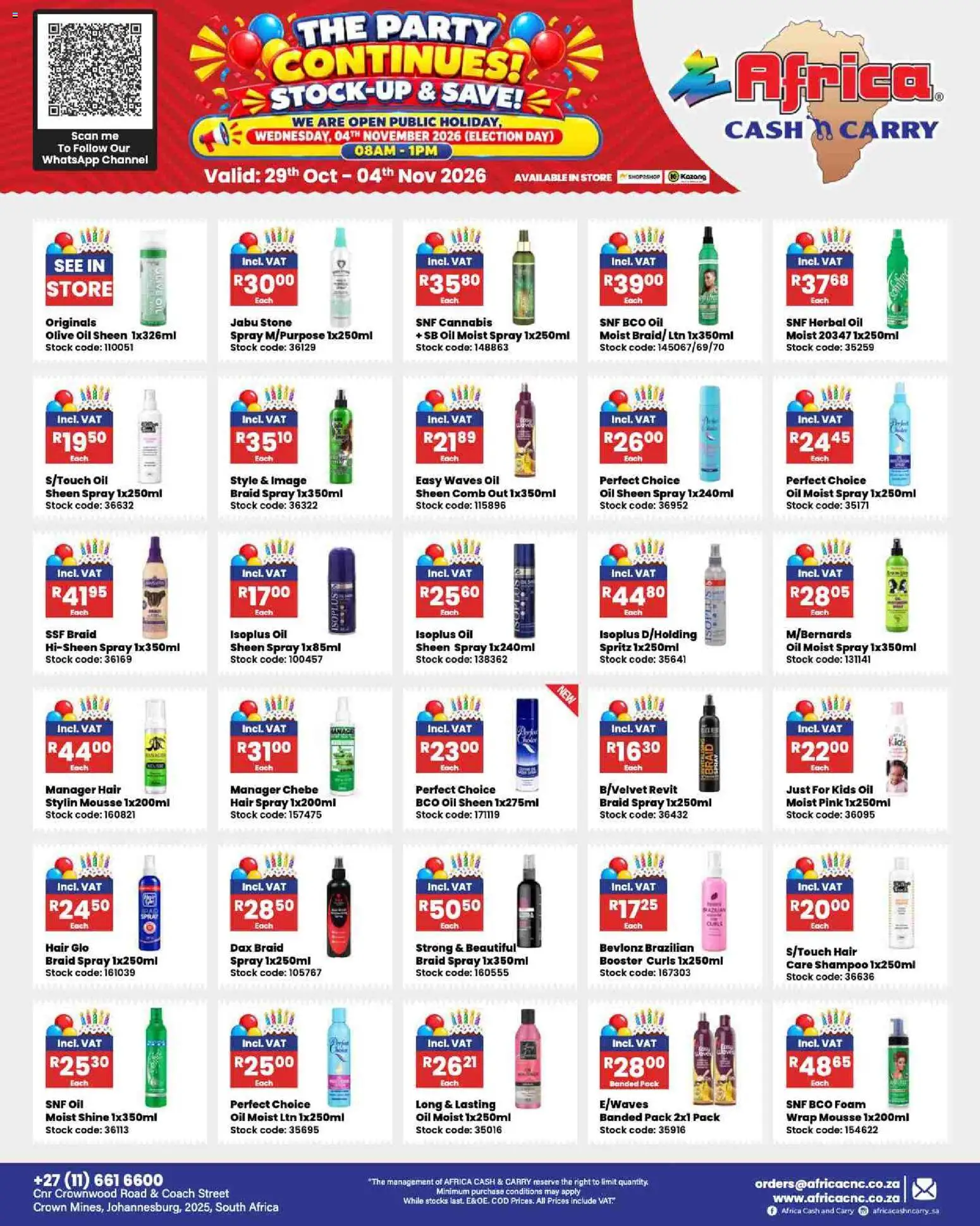 Preview of Africa Cash & Carry flyer valid from 29/10/2026 - Oil, Stock, Shampoo, Foam, Hair spray