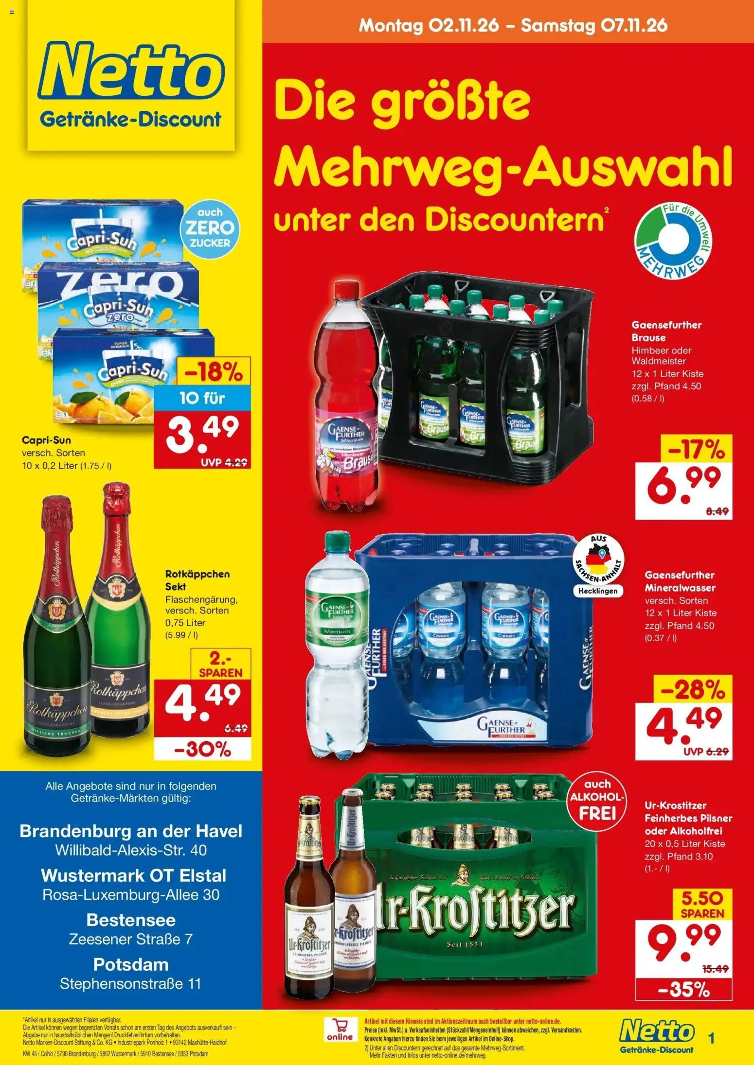 Vorschau von dem Prospekt des Geschäftes Netto Marken-Discount, gültig ab dem 02.11.2026 - Mineralwasser, Alkohol, Rotkäppchen, Zucker, Capri sun