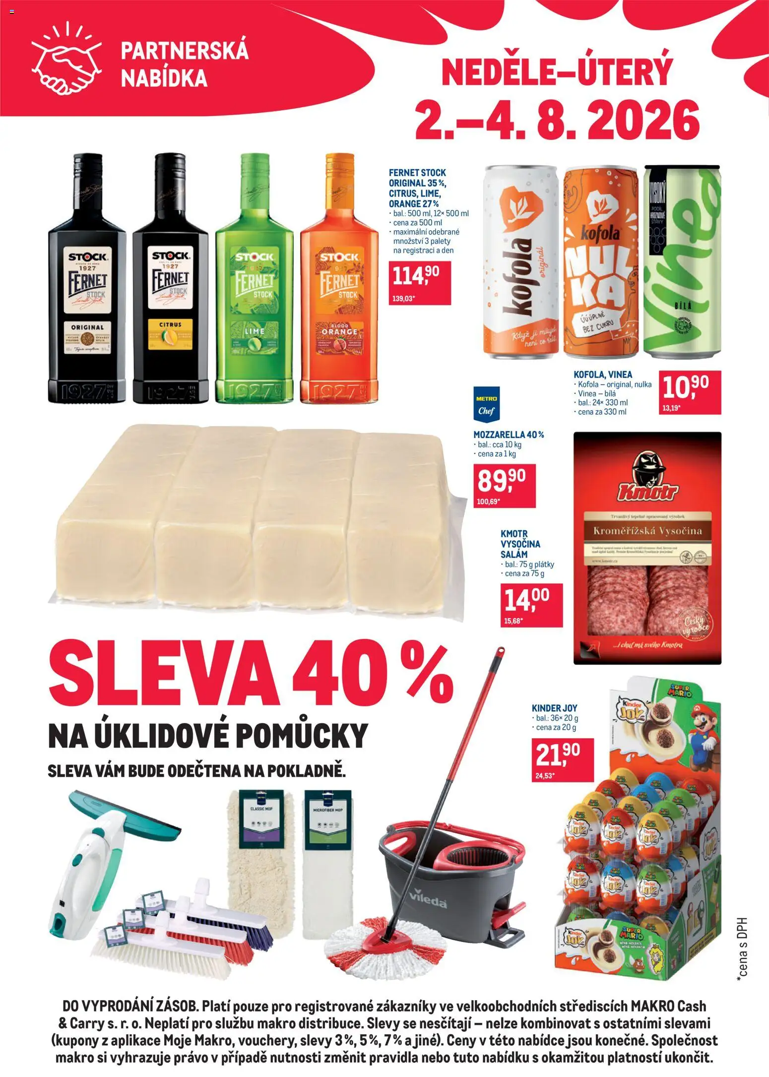 Náhled nabídky: Makro Makro leták - Partnerská nabídka platný od 02.08.2026 - Mop, Kofola, Mozzarella, Kinder, Fernet, Vinea, Fernet Stock, Kinder Joy