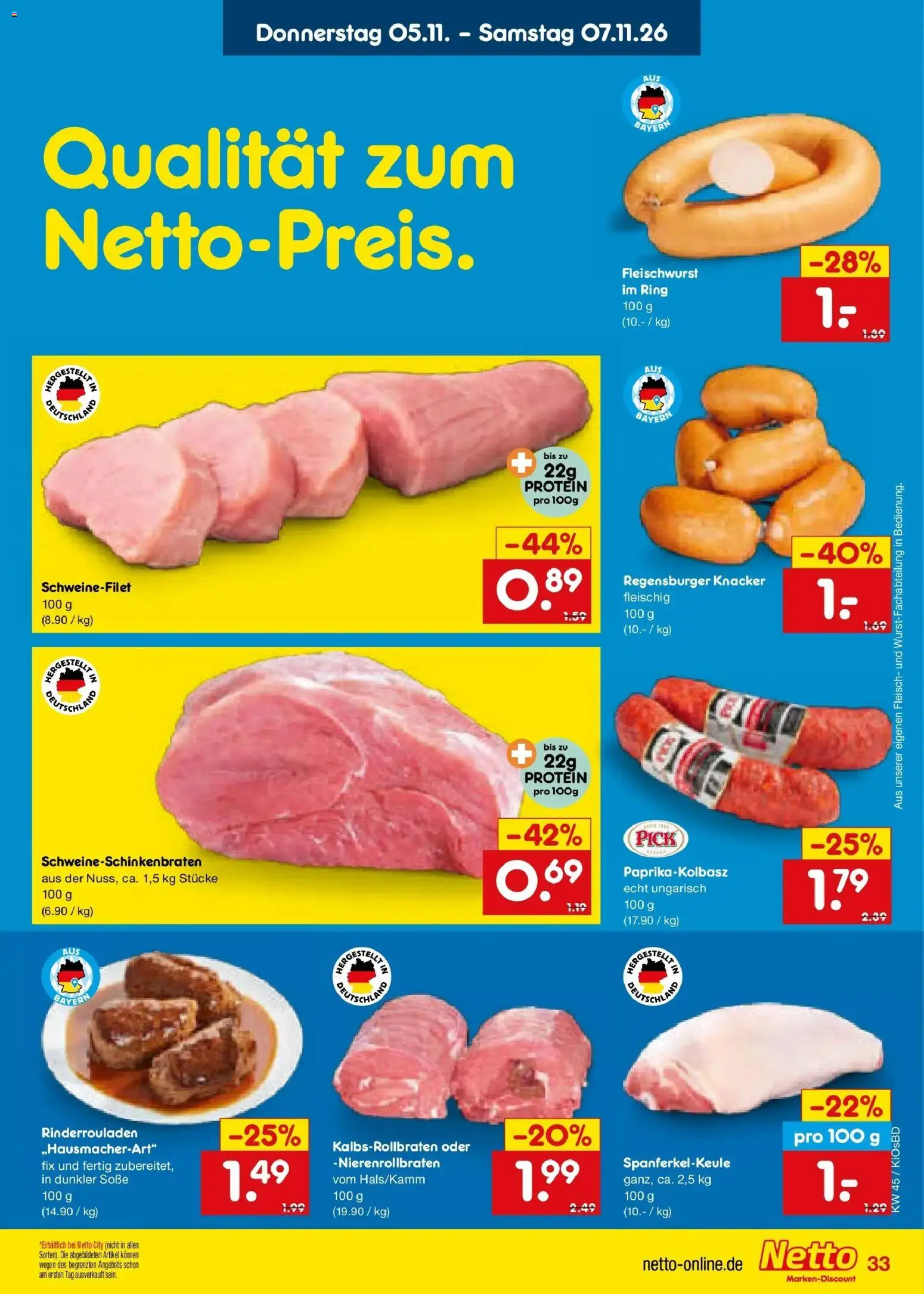 Vorschau von dem Prospekt des Geschäftes Netto Marken-Discount, gültig ab dem 02.11.2026 - Rinderrouladen, Fleisch, Schweinefilet, Soße
