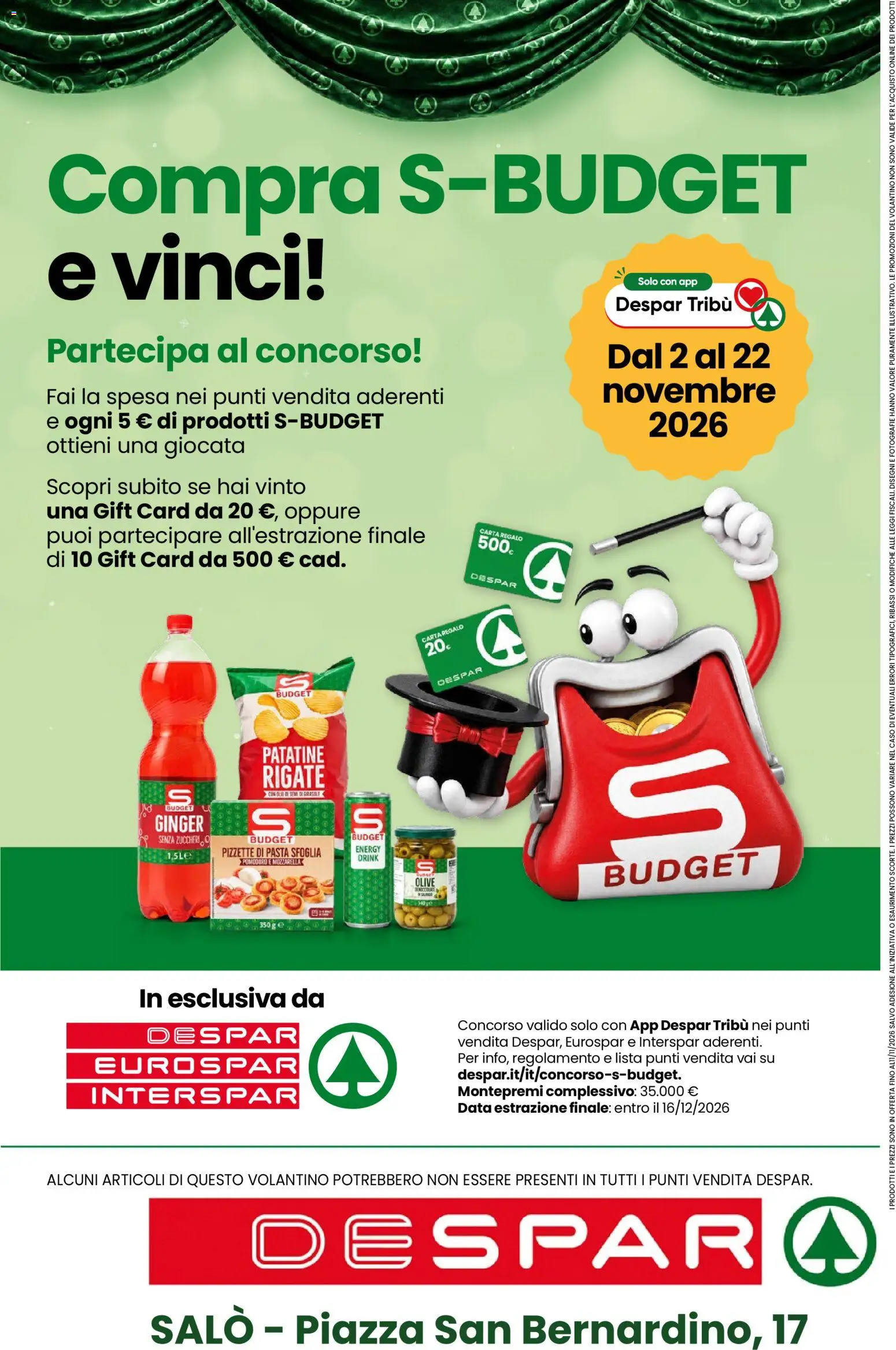 Anteprima dell'opuscolo Despar volantino Salò dal negozio Despar valido da 29/10/2026 - Pasta, Pasta sfoglia, Patatine, Olive, Data