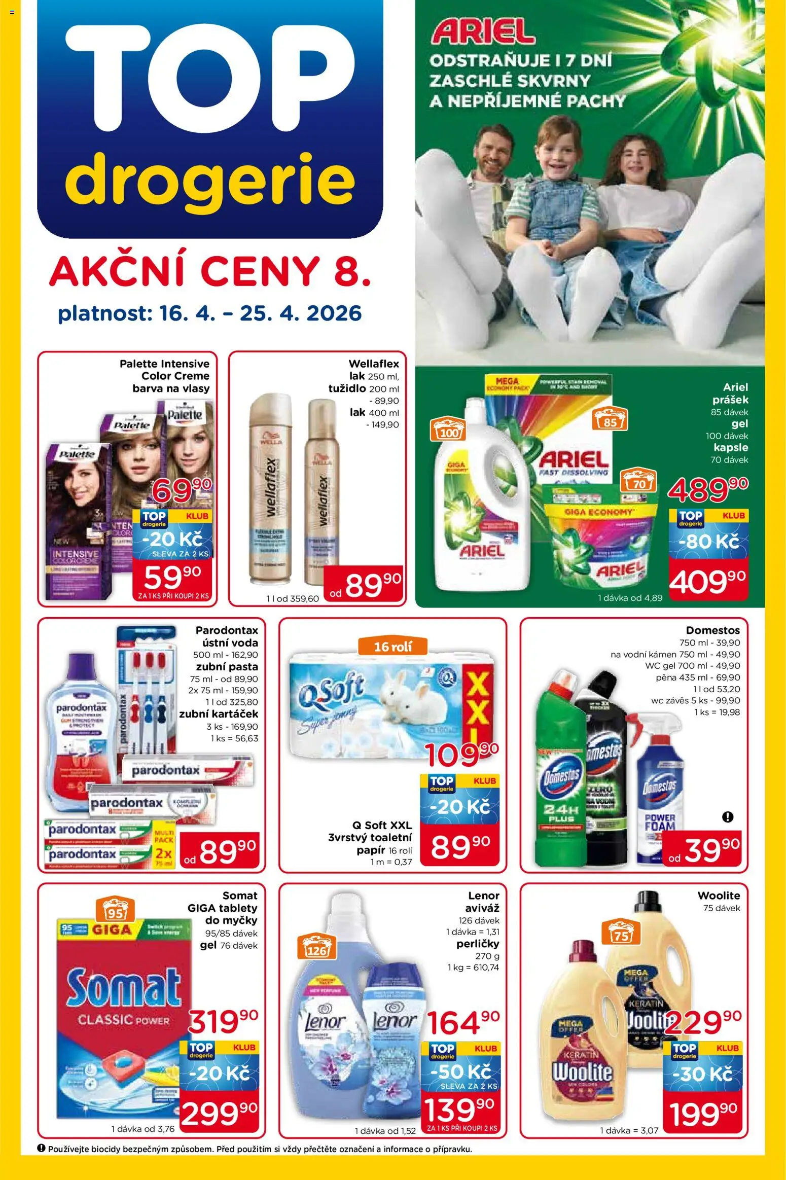Náhled nabídky: Top drogerie Top drogerie leták platný od 16.04.2026 - Drogerie, Barva na vlasy, Ariel, Ariel kapsle, Zubní kartáček, Domestos, Ústní voda, Lenor