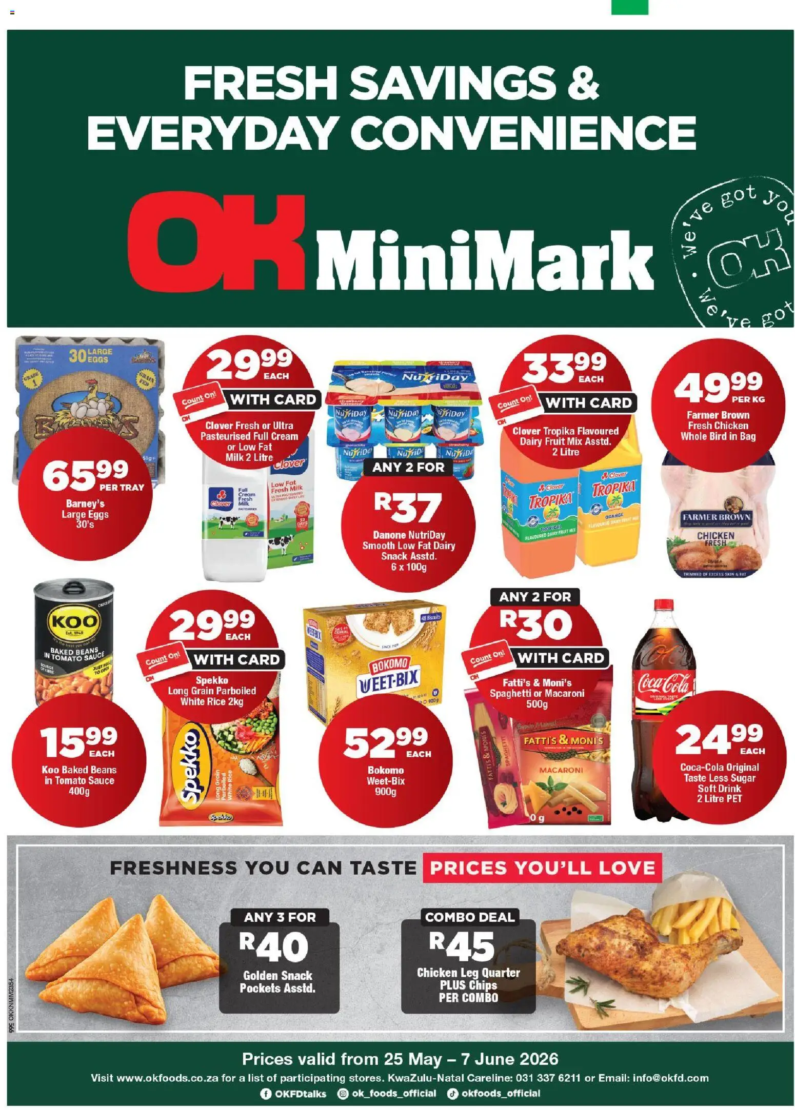 Preview of OK Foods flyer valid from 25/05/2026 - Chicken, Eggs, Milk, Chips, Sugar, Cream, Spaghetti, Tomato sauce