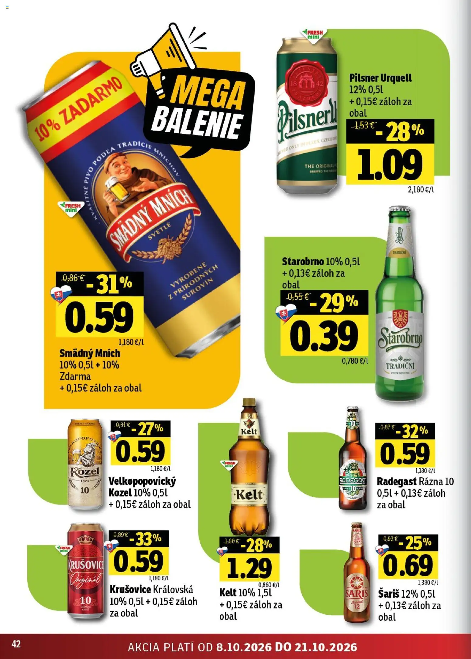 Náhľad Fresh letáku platného od 08.10.2026 - Pilsner Urquell, Radegast, Krušovice, Šariš, Kelt, Smädný Mních
