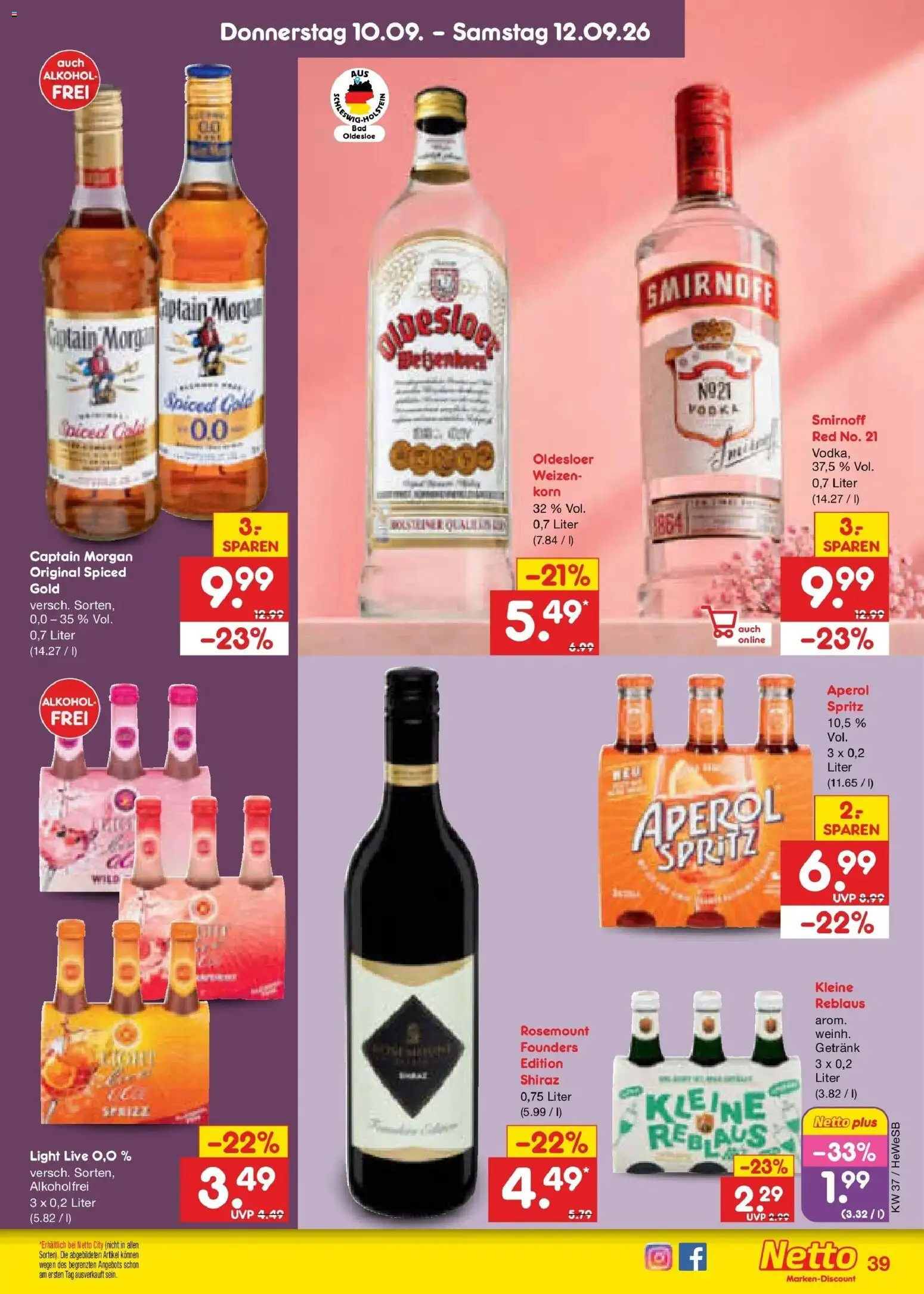Vorschau von dem Prospekt des Geschäftes Netto Marken-Discount, gültig ab dem 07.09.2026 - Aperol, Alkohol, Captain morgan, Smirnoff, Oldesloer