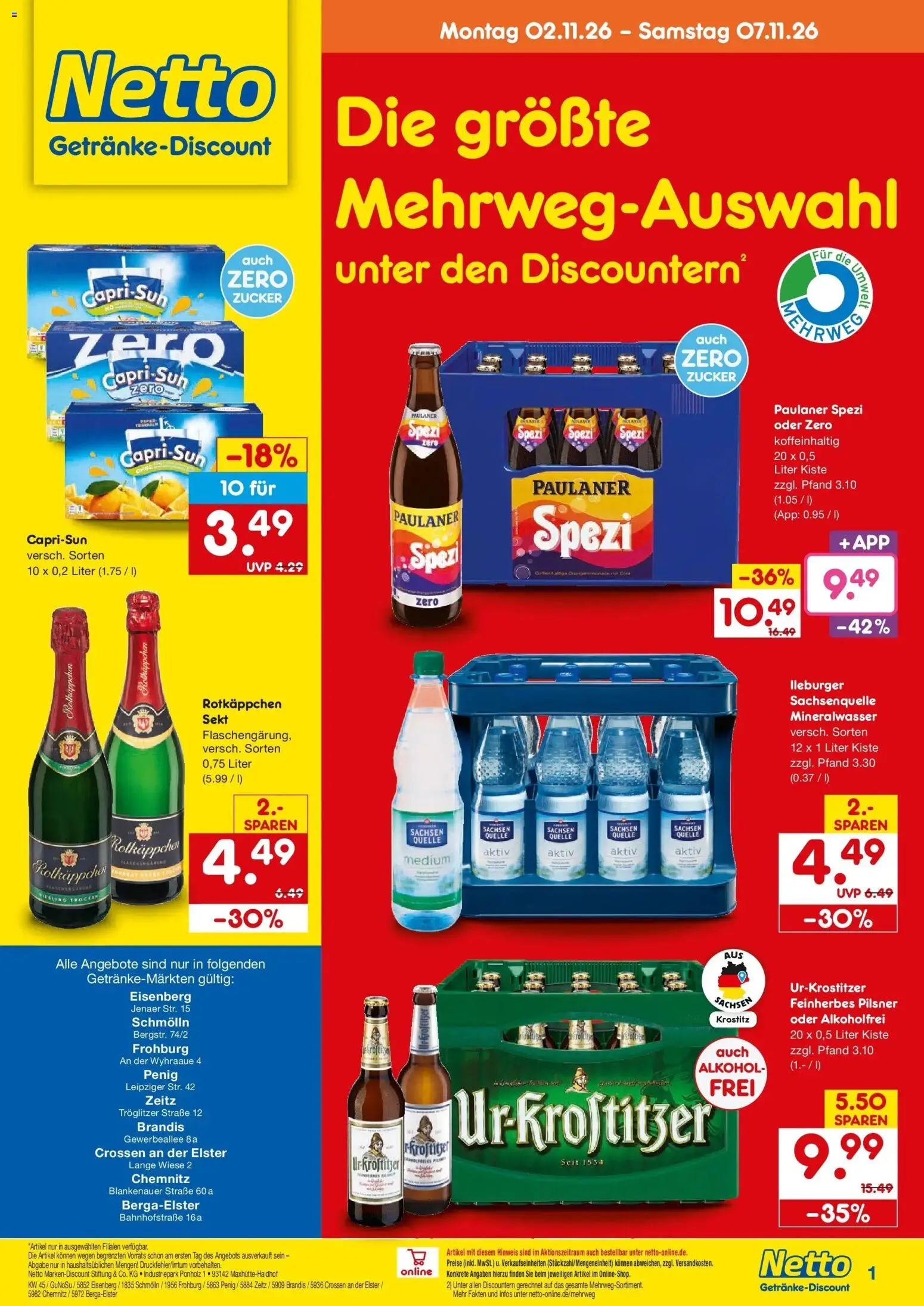 Vorschau von dem Prospekt des Geschäftes Netto Marken-Discount, gültig ab dem 02.11.2026 - Mineralwasser, Alkohol, Paulaner spezi, Zucker, Paulaner, Capri sun, Sekt, Rotkappchen sekt
