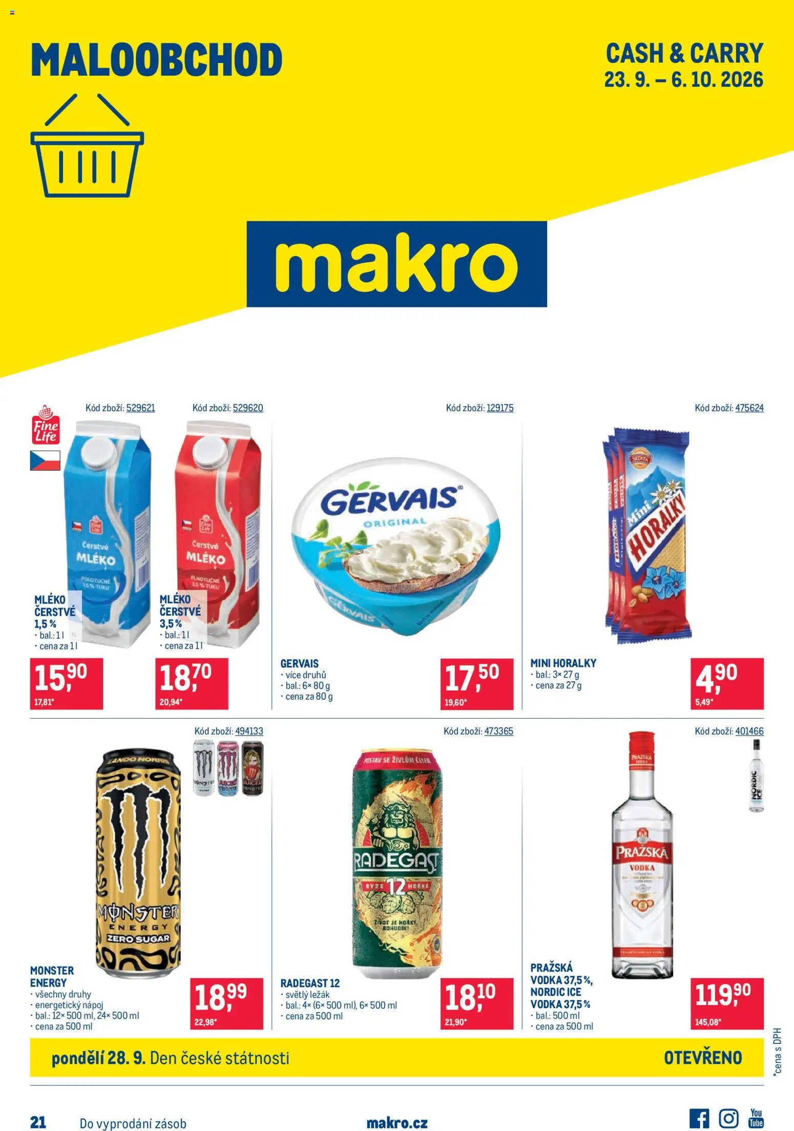 Náhled nabídky: Makro Makro leták platný od 23.09.2026 - Monster, Mléko, Radegast, Monster Energy, Radegast 12, Horalky, Gervais, Pražská vodka