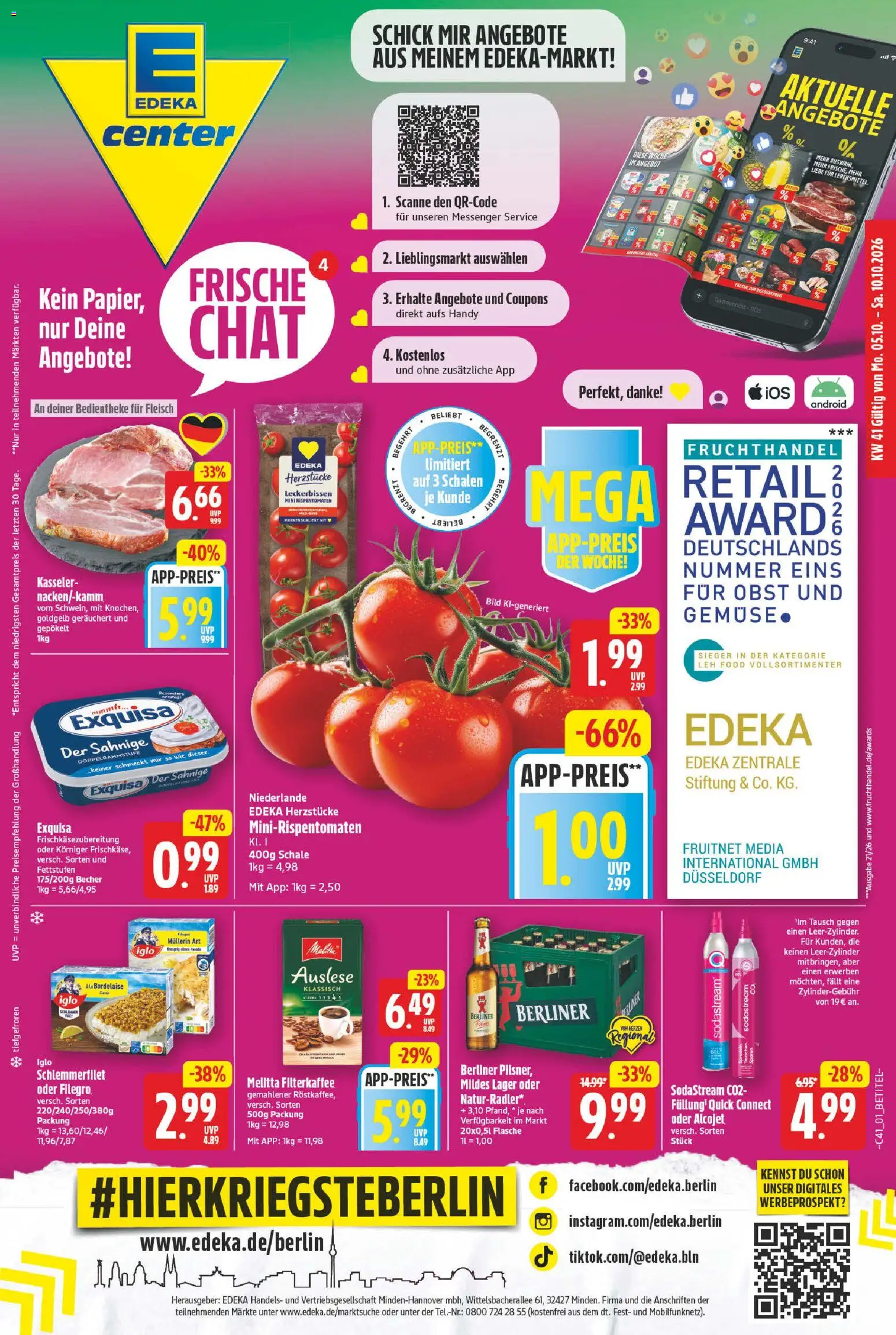 Vorschau von dem Prospekt des Geschäftes E center, gültig ab dem 05.10.2026 - Gemüse, Obst, Fleisch, Berliner, Melitta, Iglo, Iglo schlemmerfilet, Exquisa