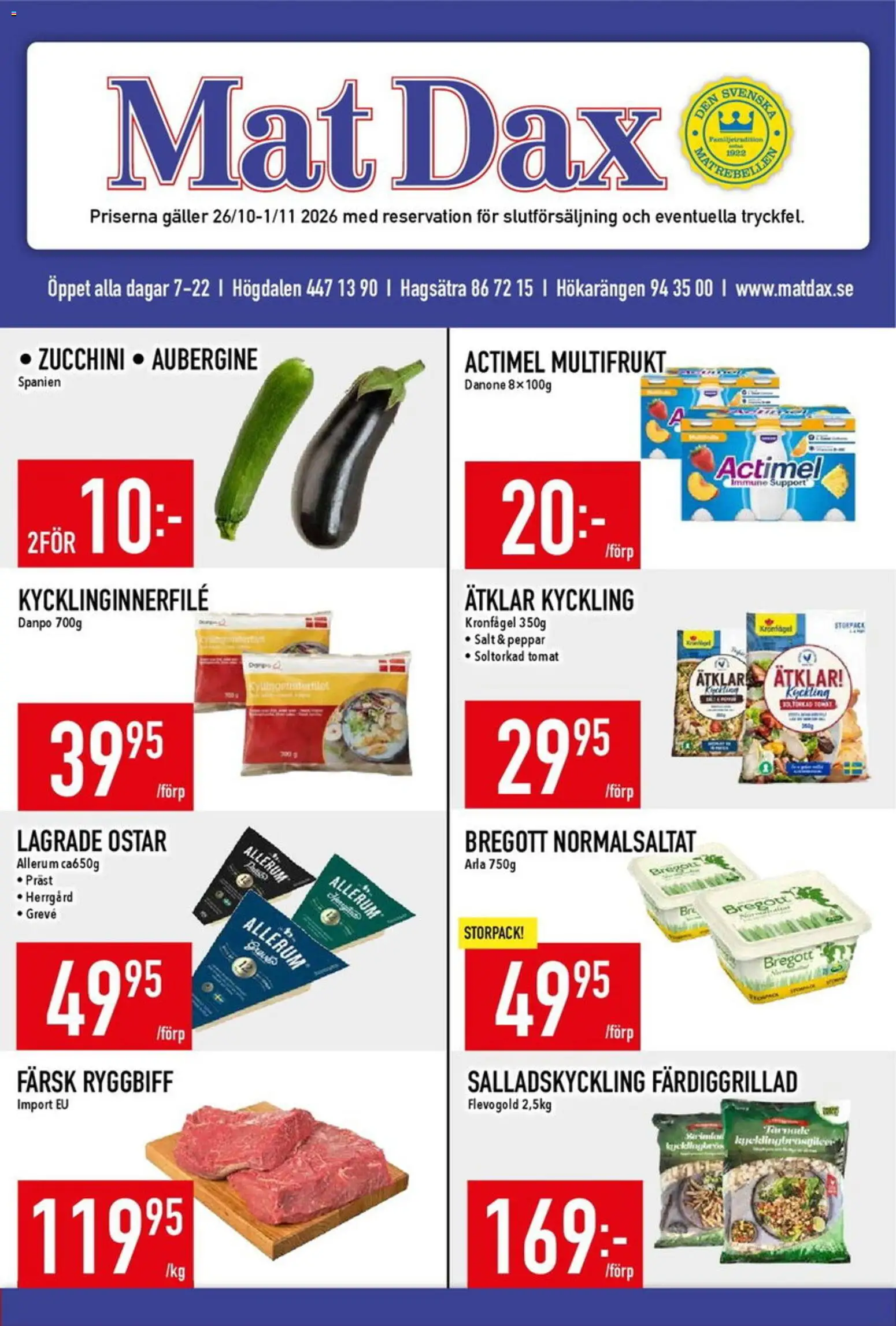 Förhandsgranska reklamblad Matdax erbjudanden från butik Matdax gäller från 26/10/2026 - Salt, Bregott, Galler, Tomat, Peppar, Kyckling