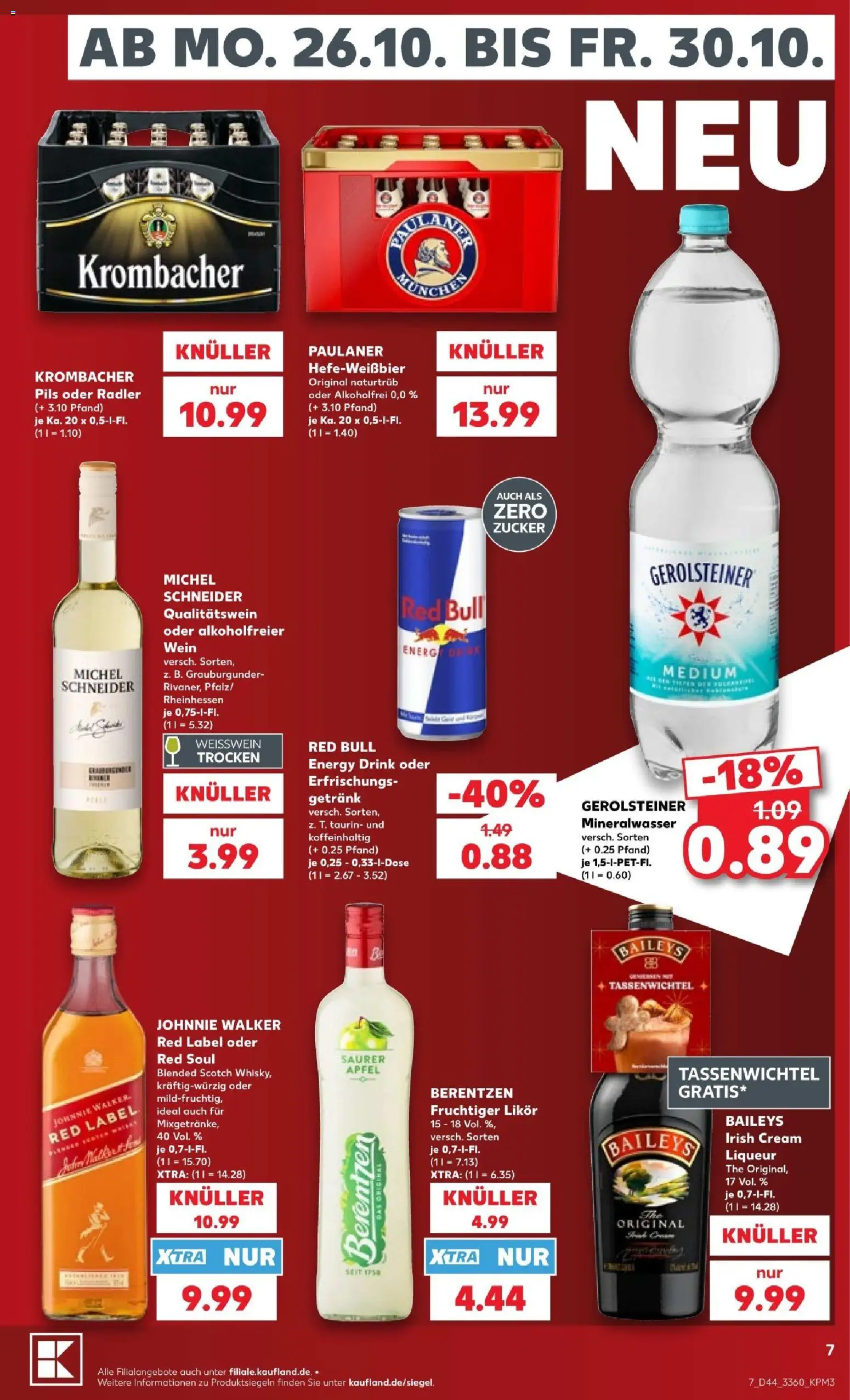 Vorschau von dem Prospekt des Geschäftes Kaufland, gültig ab dem 26.10.2026 - Red bull, Äpfel, Wein, Baileys, Gerolsteiner, Krombacher, Paulaner, Pils