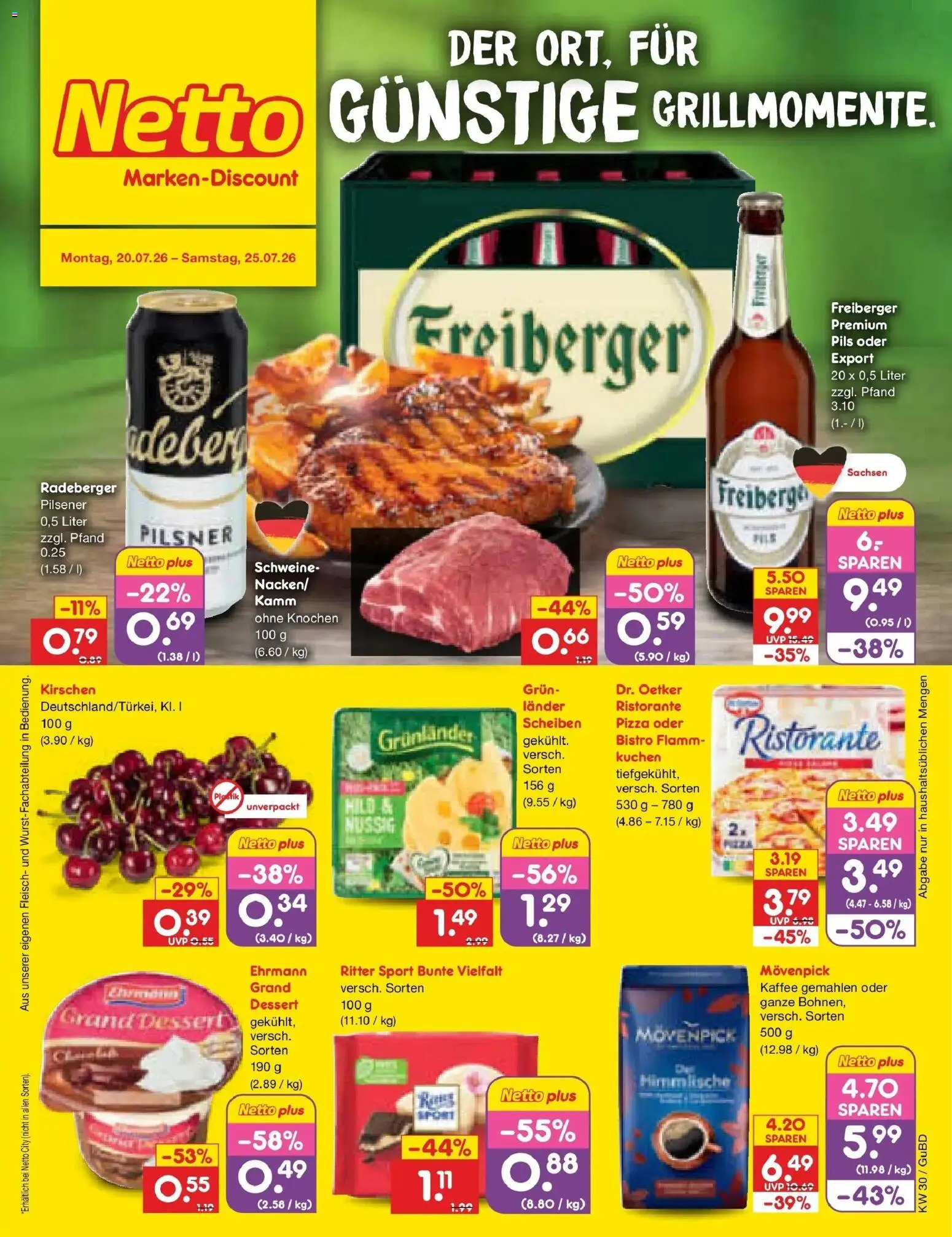 Vorschau von dem Prospekt des Geschäftes Netto Marken-Discount, gültig ab dem 20.07.2026 - Pizza, Kaffee, Kuchen, Fleisch, Kirschen, Ristorante, Pils, Grunlander
