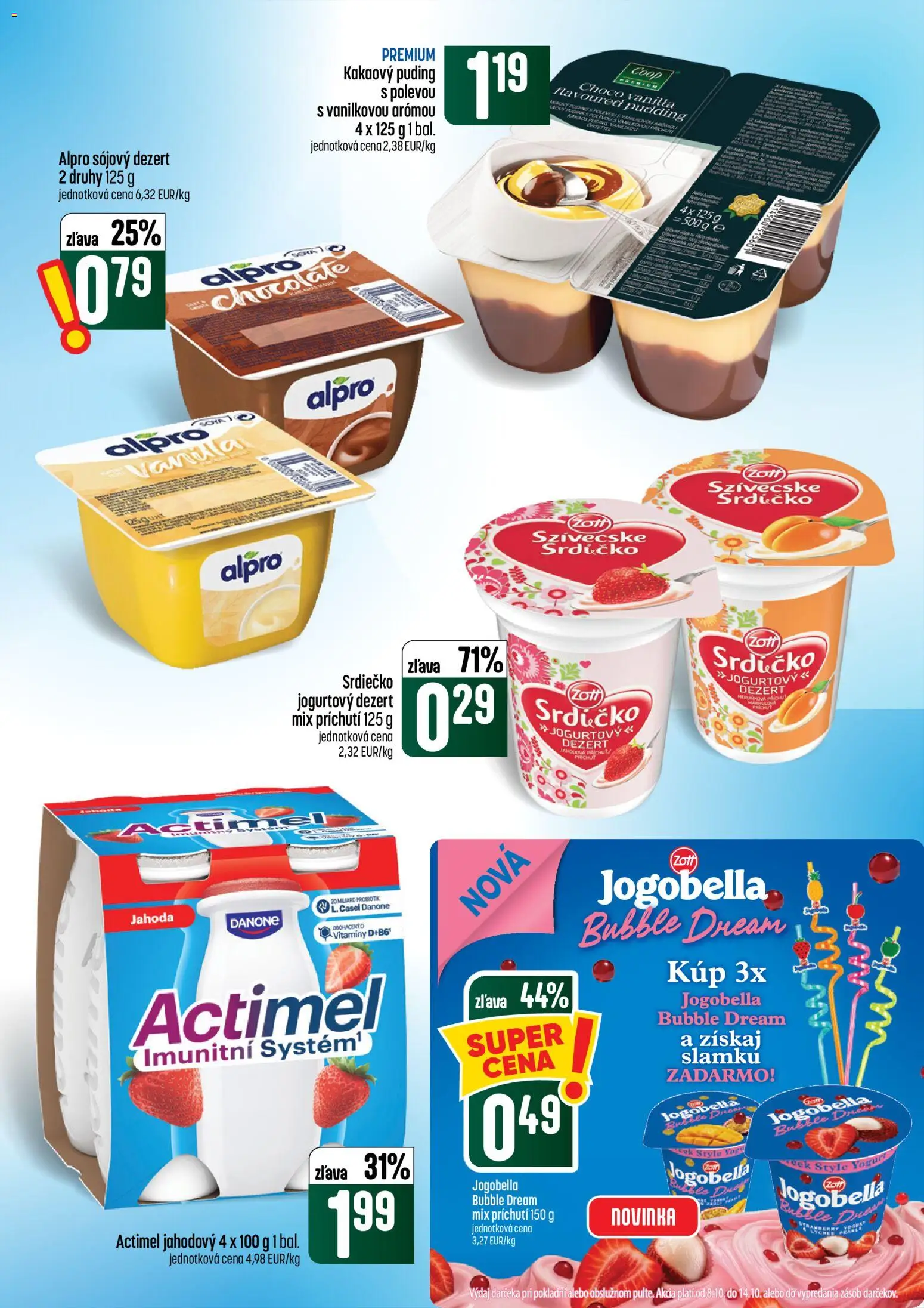 Náhľad COOP Jednota letáku platného od 08.10.2026 - Puding, Dezert, Actimel, Alpro