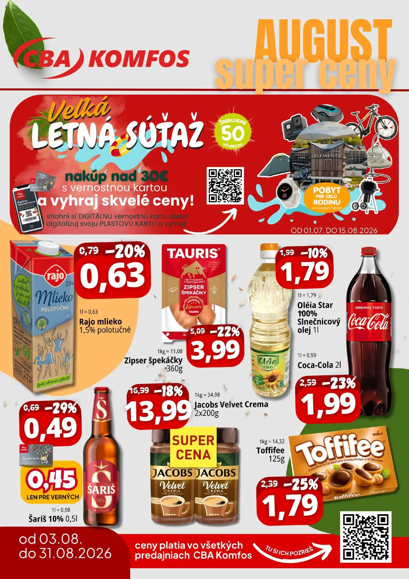 Náhľad CBA Komfos letáku platného od 03.08.2026 - Olej, Mlieko, Toffifee, Šariš, Jacobs Velvet, Slnečnicový olej, Špekáčiky