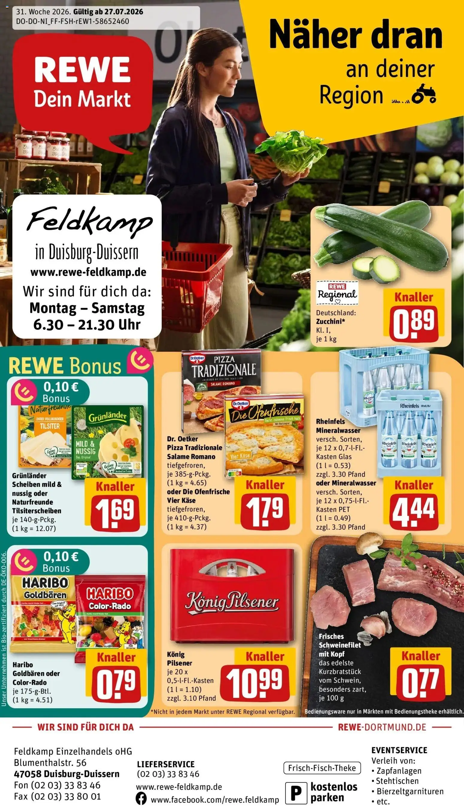 Vorschau von dem Prospekt des Geschäftes Rewe, gültig ab dem 27.07.2026 - Pizza, Uhr, Käse, Haribo, Mineralwasser, Schweinefilet, Ofenfrische, Grunlander