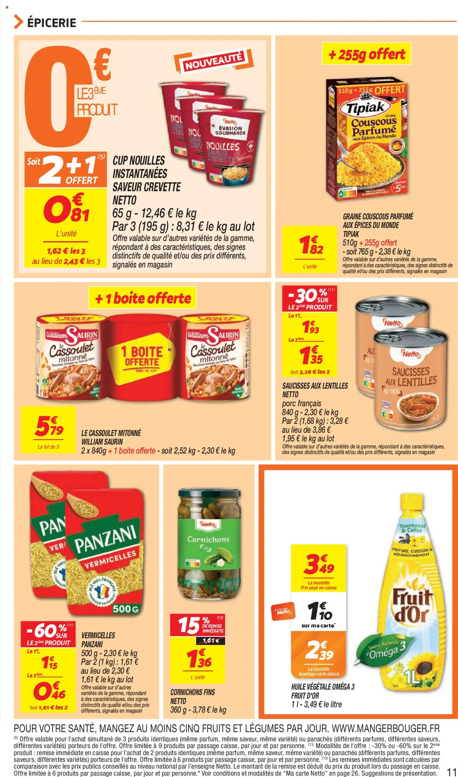 Prévisualisation de Netto - Temps fort Novembre du magasin Netto formulaire valide 03/11/2026 - Cassoulet, Nouilles, Saucisses, Épices, Bouteille, Huile végétale, Vermicelles, Oméga