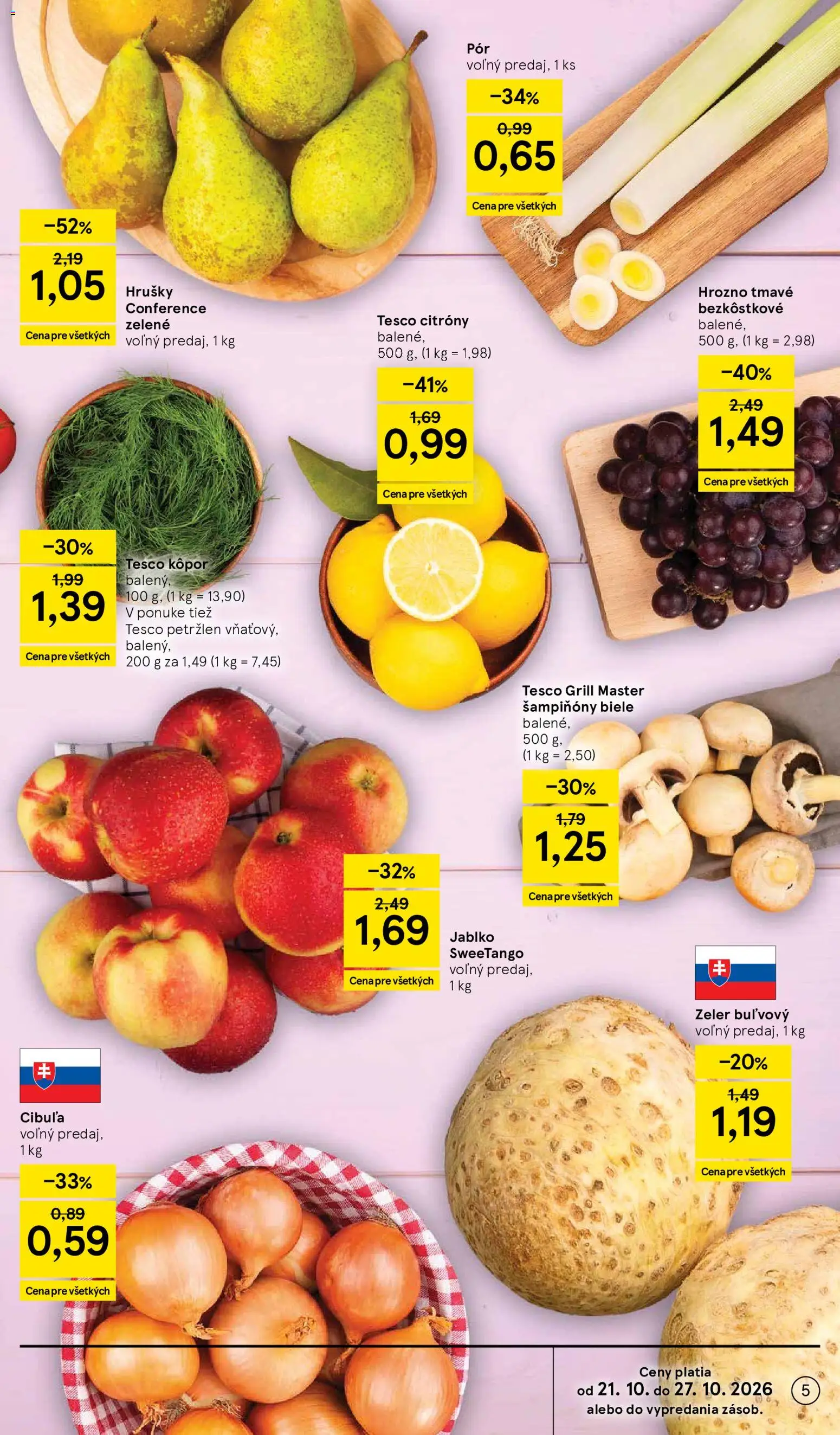 Náhľad Tesco letáku platného od 21.10.2026 - Zeler, Cibuľa, Hrozno, Petržlen, Šampiňóny, Pór, Hrušky, Citróny