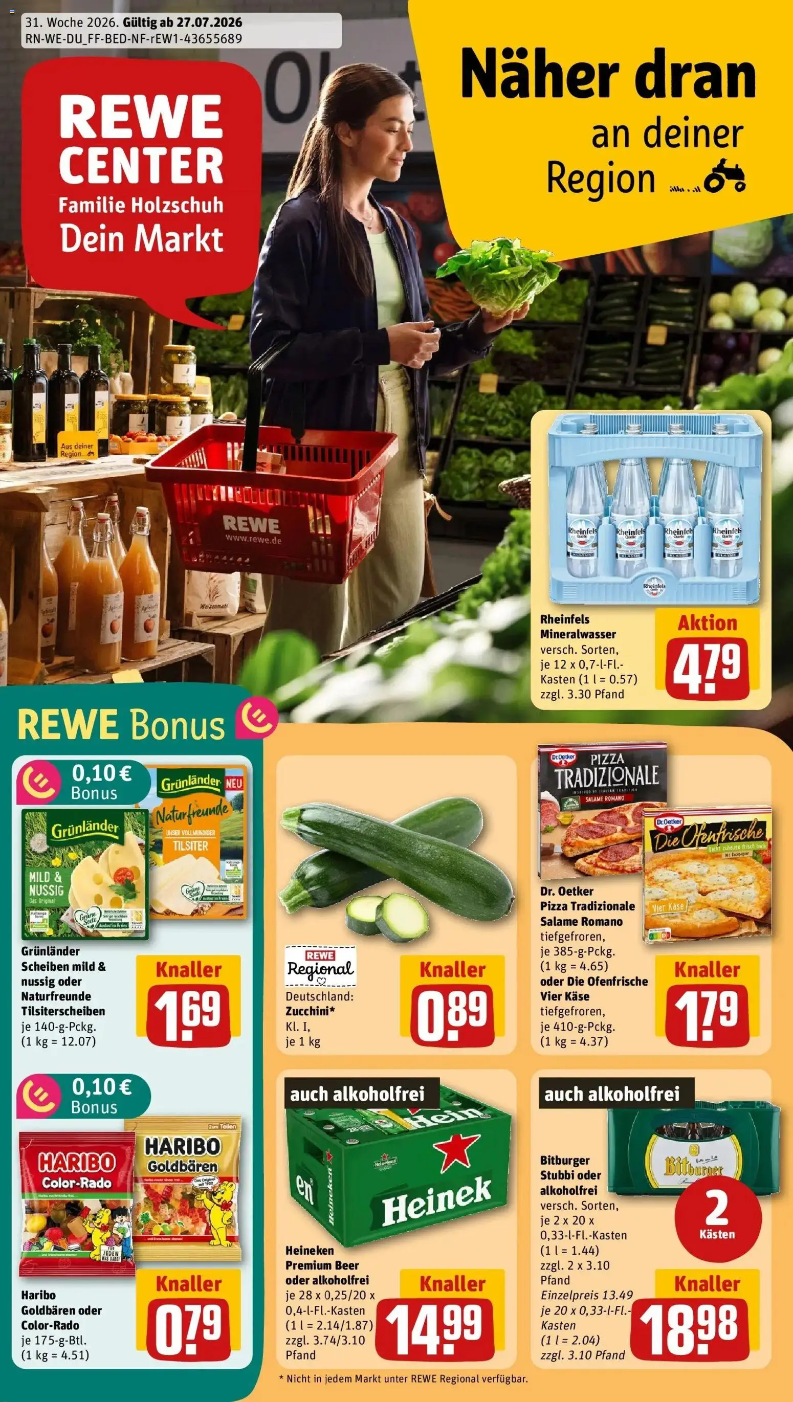 Vorschau von dem Prospekt des Geschäftes Rewe, gültig ab dem 27.07.2026 - Käse, Haribo, Mineralwasser, Heineken, Bitburger, Weizenmehl, Ofenfrische, Grunlander