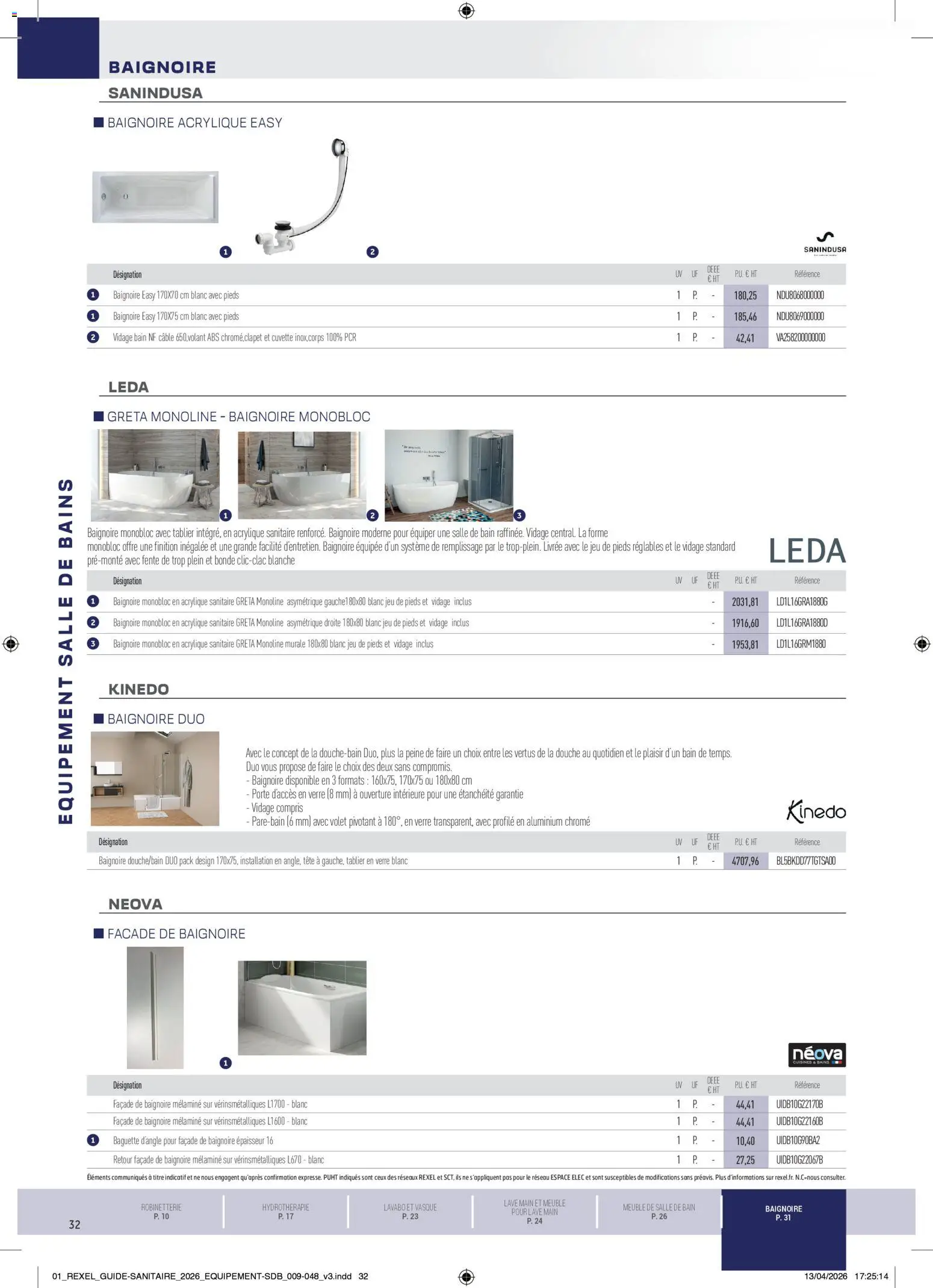 Prévisualisation de Rexel - Brochure Sanitaire du magasin Rexel formulaire valide 20/04/2026 - Baguette, Porte, Baignoire, Douche, Meuble de salle de bain, Lavabo, Tablier, Câble