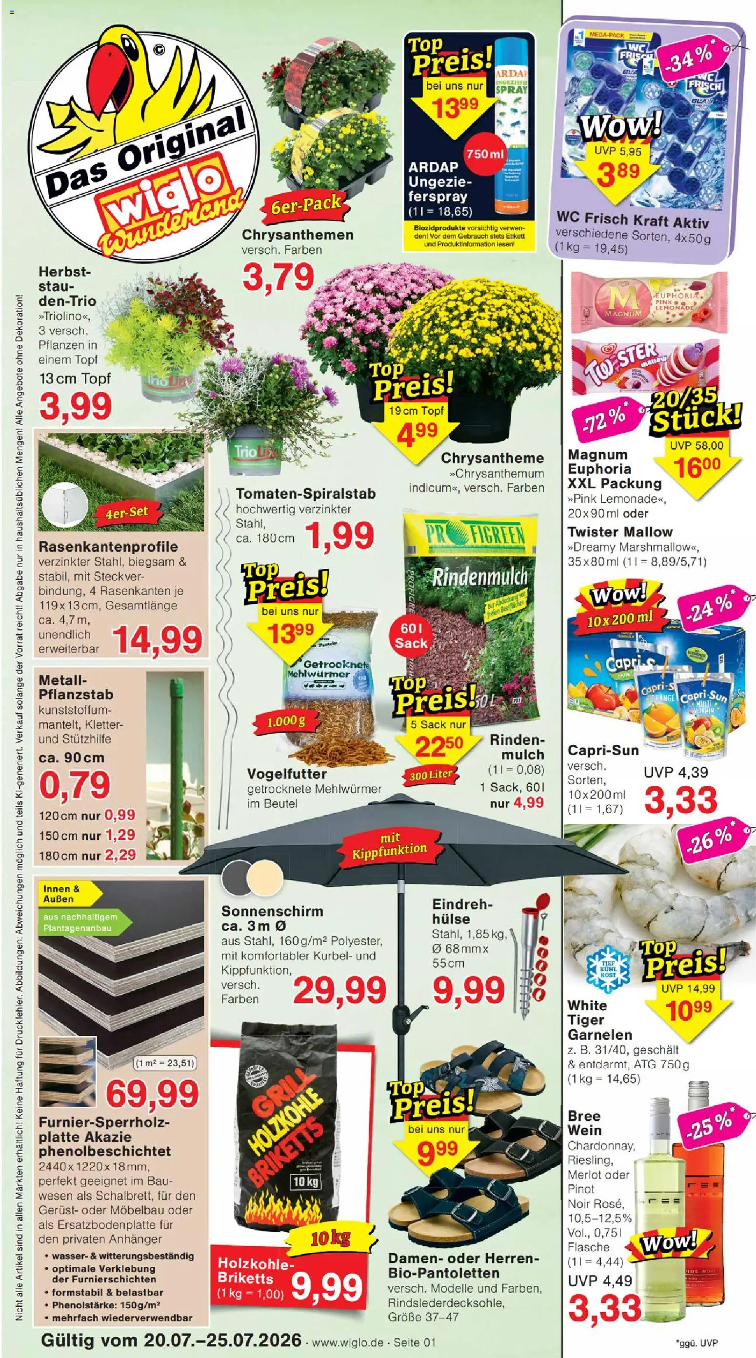 Vorschau von dem Prospekt des Geschäftes Wiglo Wunderland, gültig ab dem 20.07.2026 - Wasser, Grill, Wein, Sonnenschirm, Garnelen, Merlot, Wc frisch, Bree