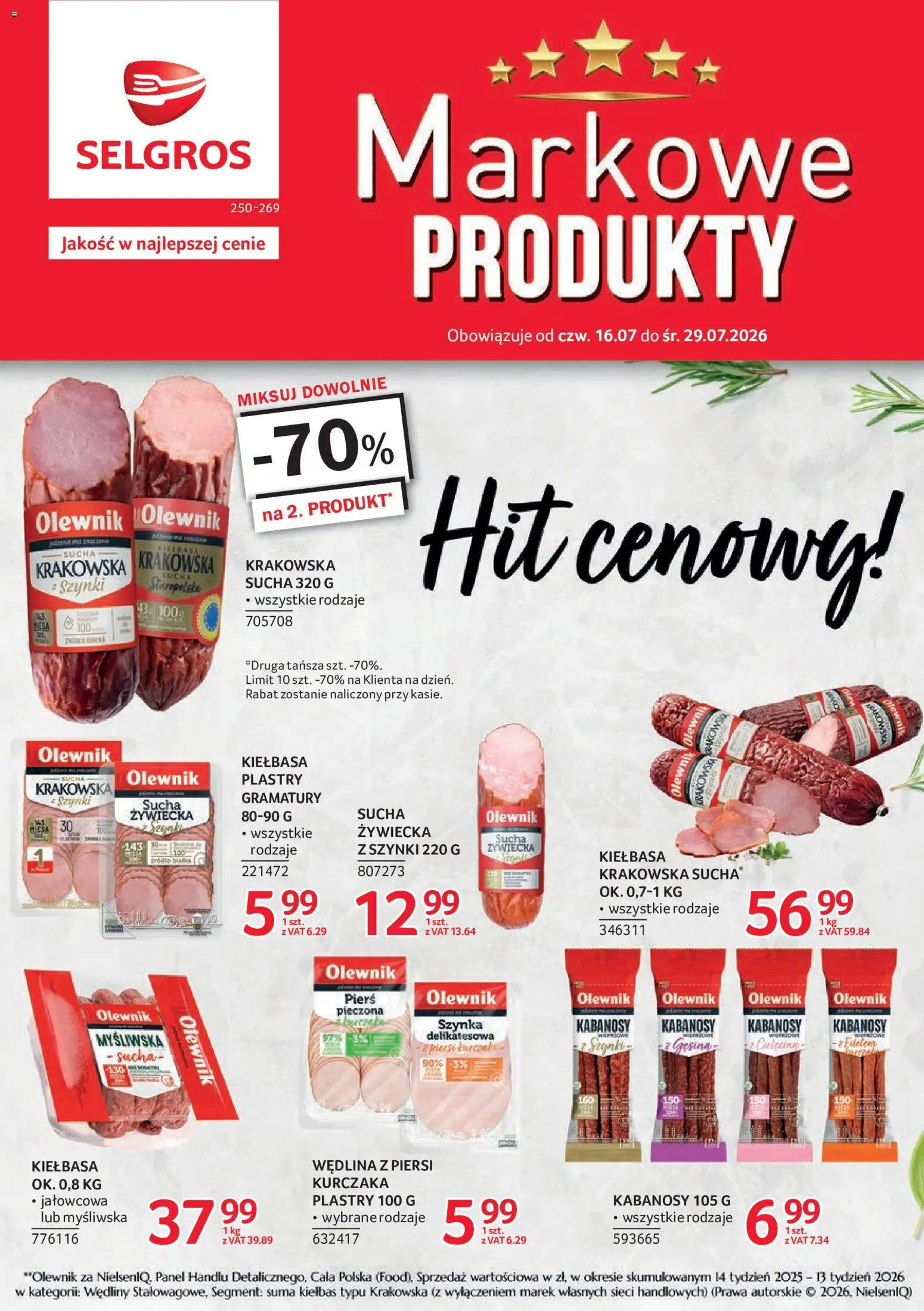 Pogląd gazetki "Selgros cash&carry gazetka - Markowe produkty" ze sklepu Selgros cash&carry ważnej od 16.07.2026 - Myśliwska, Piersi, Wędliny, Kiełbasa, Szynka, Kabanosy, Kiełbasa krakowska, Krakowska sucha