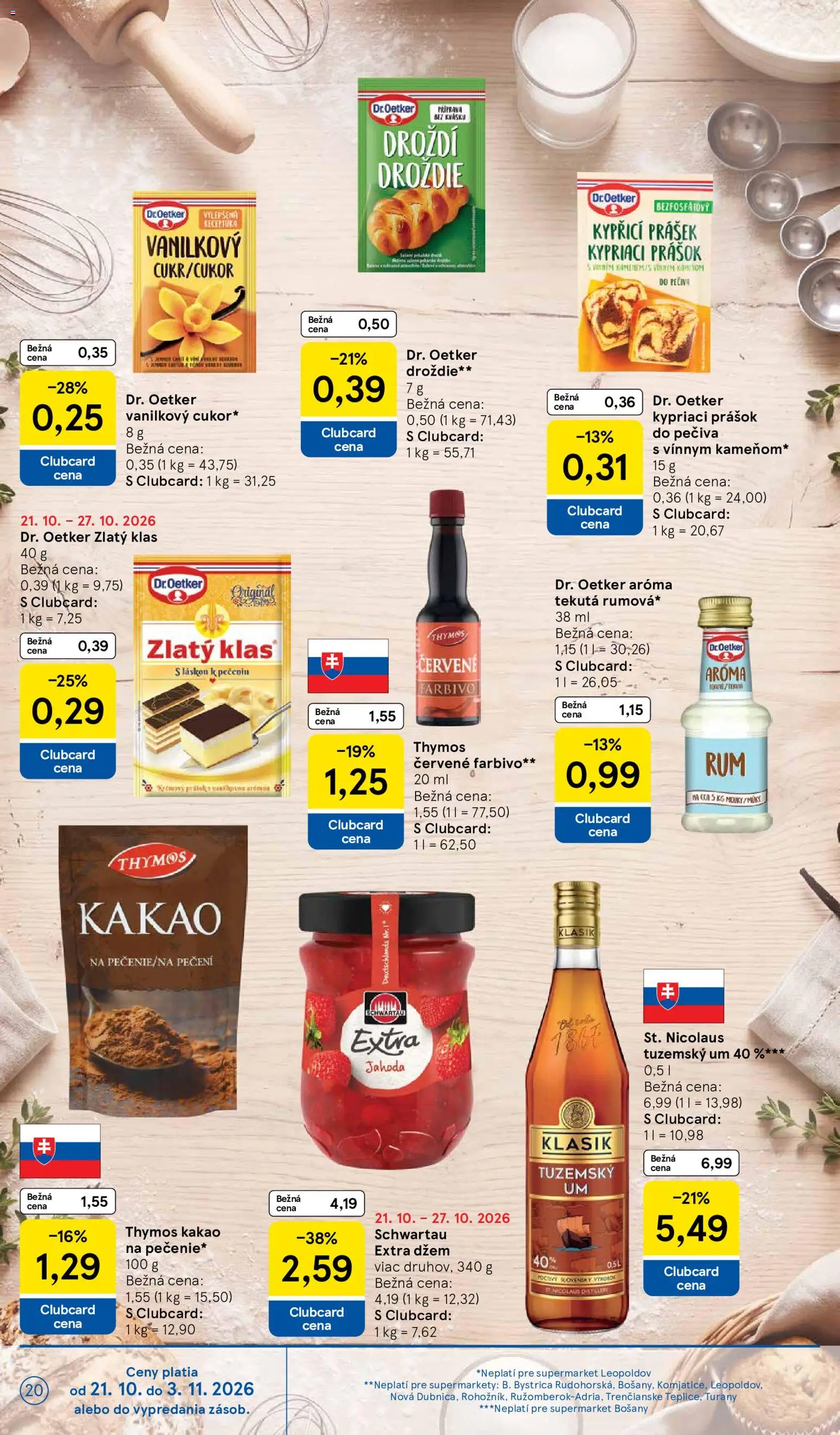 Náhľad Tesco letáku platného od 21.10.2026 - Rum, Kakao, Droždie, Džem, Zlatý klas, Prášok do pečiva