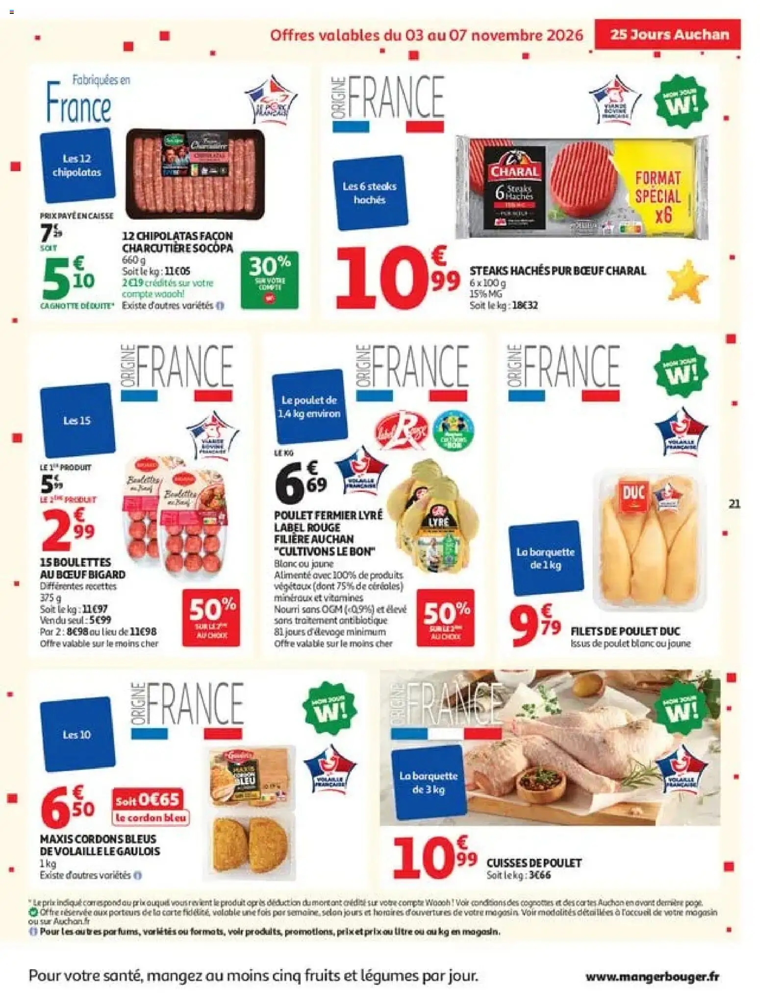 Prévisualisation de Auchan 25 jours 2 hypers du magasin Auchan formulaire valide 03/11/2026 - Poulet, Fruits, Cordon bleu, Céréales, Cuisses de poulet, Volaille, Chipolatas, Filets de poulet